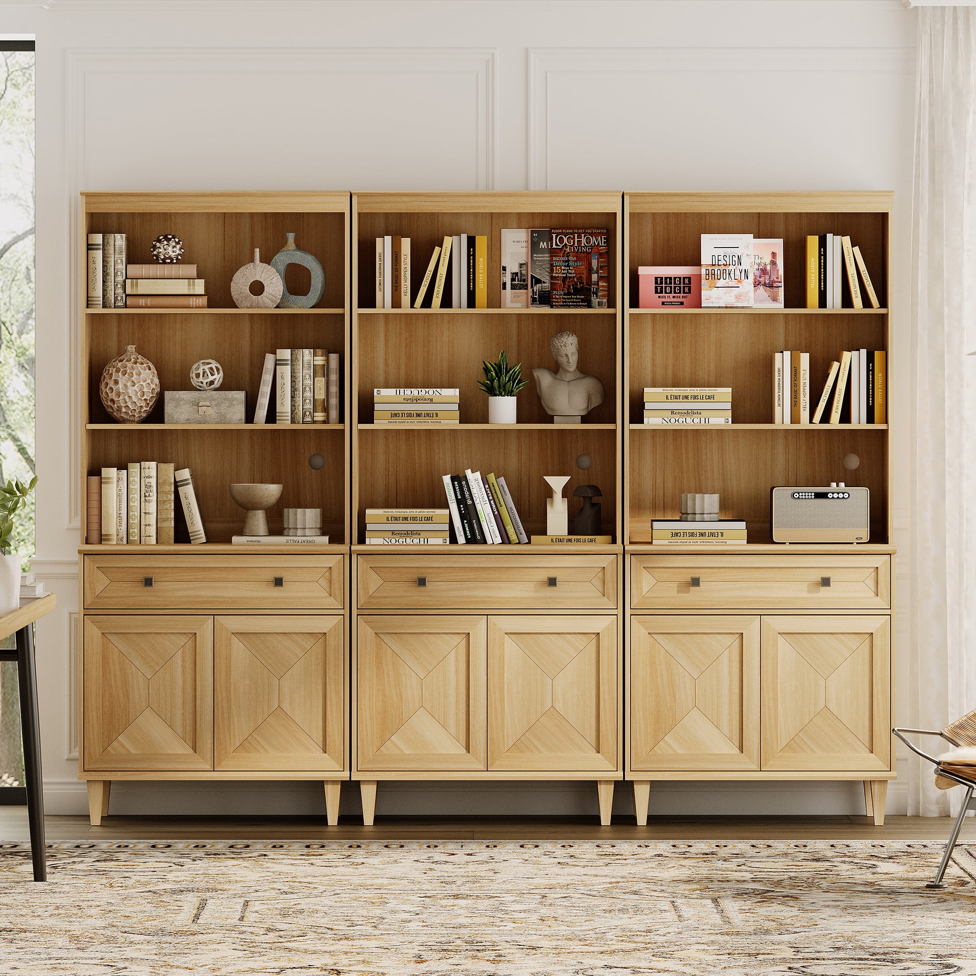 WAMPAT Handmade Patchwork 94.5" Wide Tall Bookshelf with Cabinets, Oak