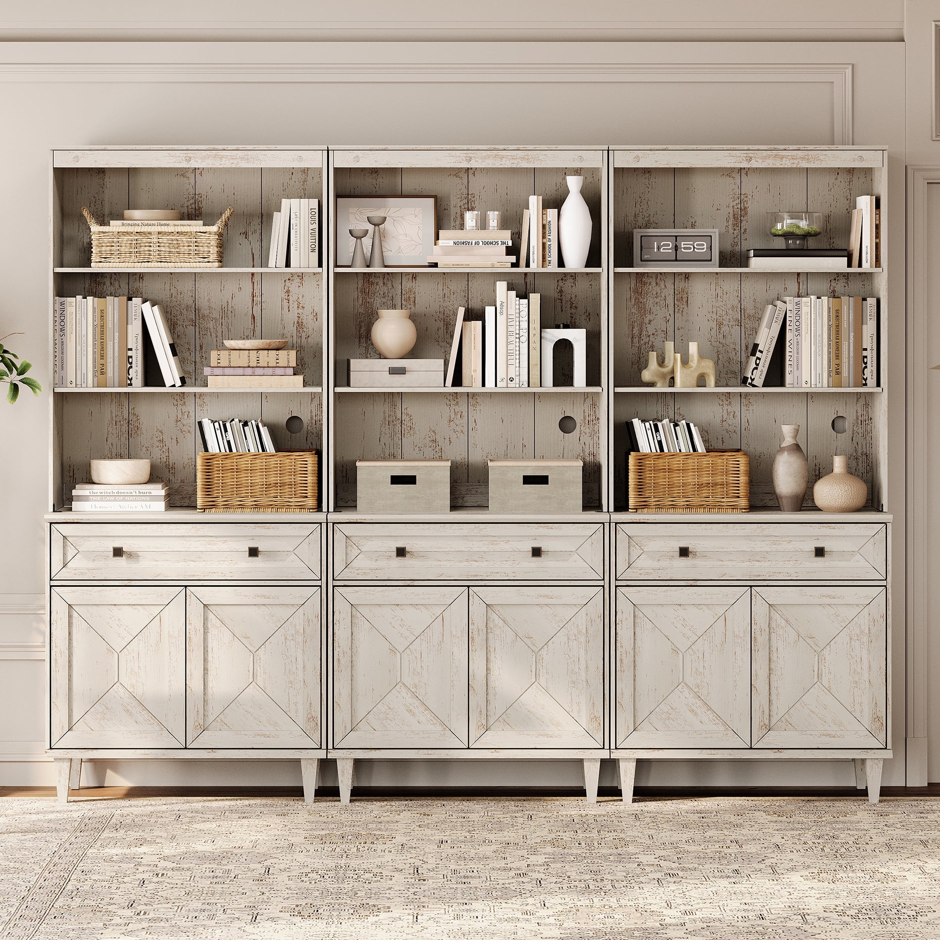 WAMPAT Handmade Patchwork 94.5" Wide Tall Bookshelf with Cabinets, White