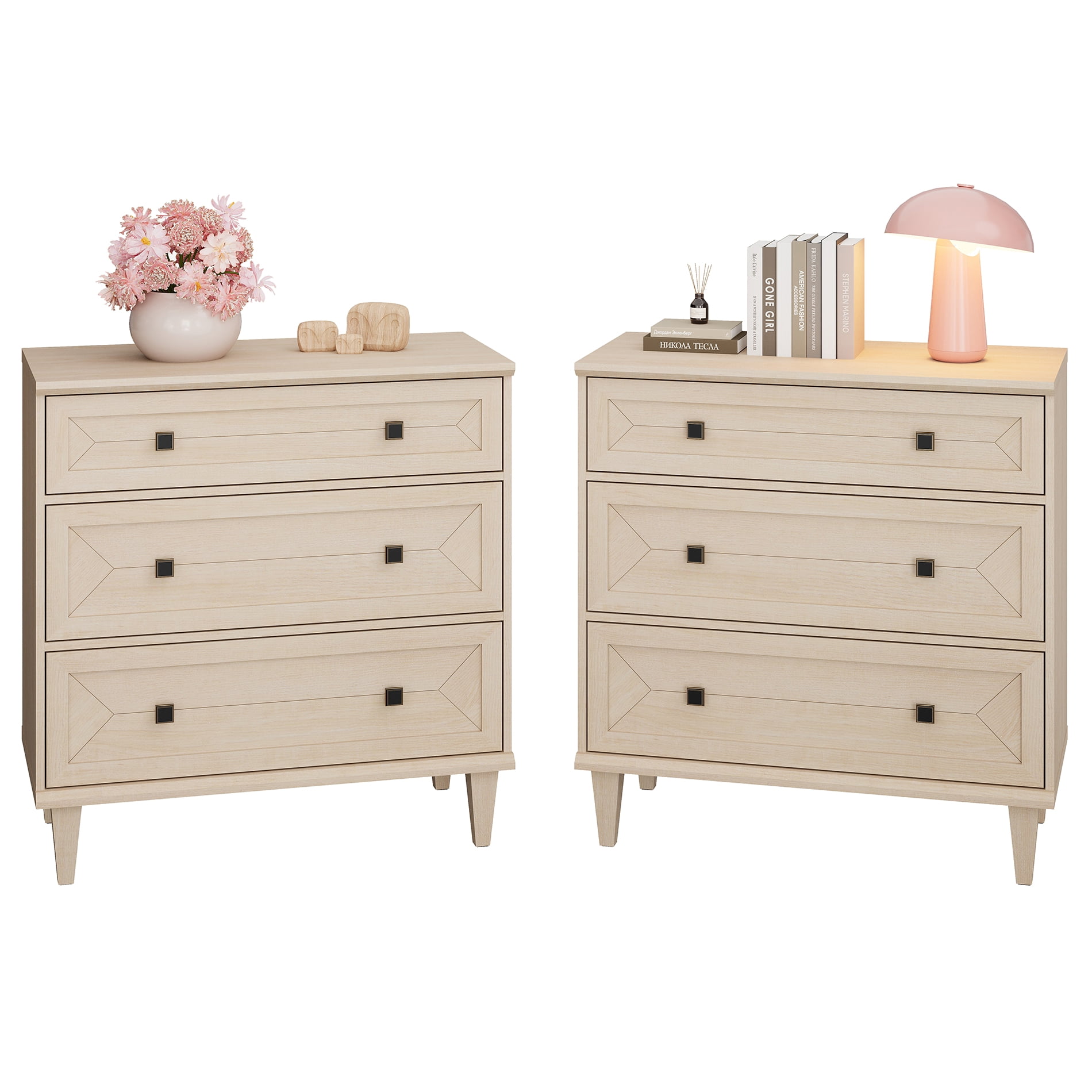 WAMPAT Handmade Patchwork Set of 2 3-Drawer Nightstands, Beige