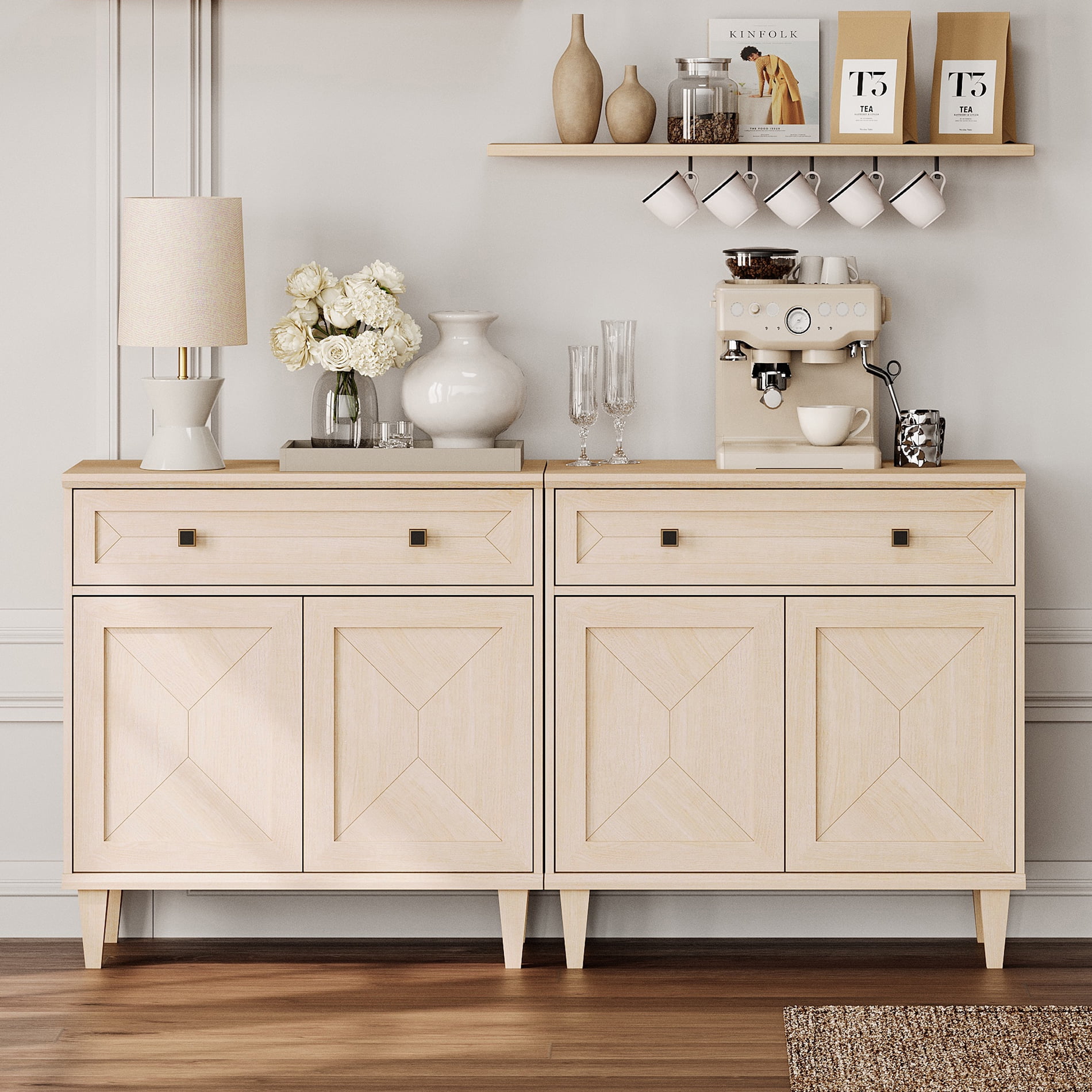 WAMPAT Handmade Patchwork Set of 2 Buffet Cabinets, Beige