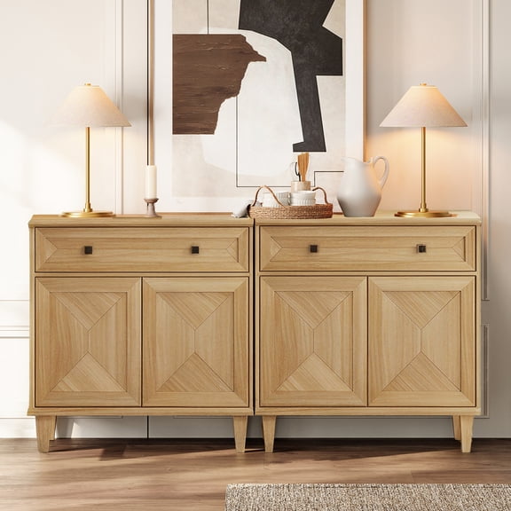 WAMPAT Handmade Patchwork Set of 2 Buffet Cabinets, Oak