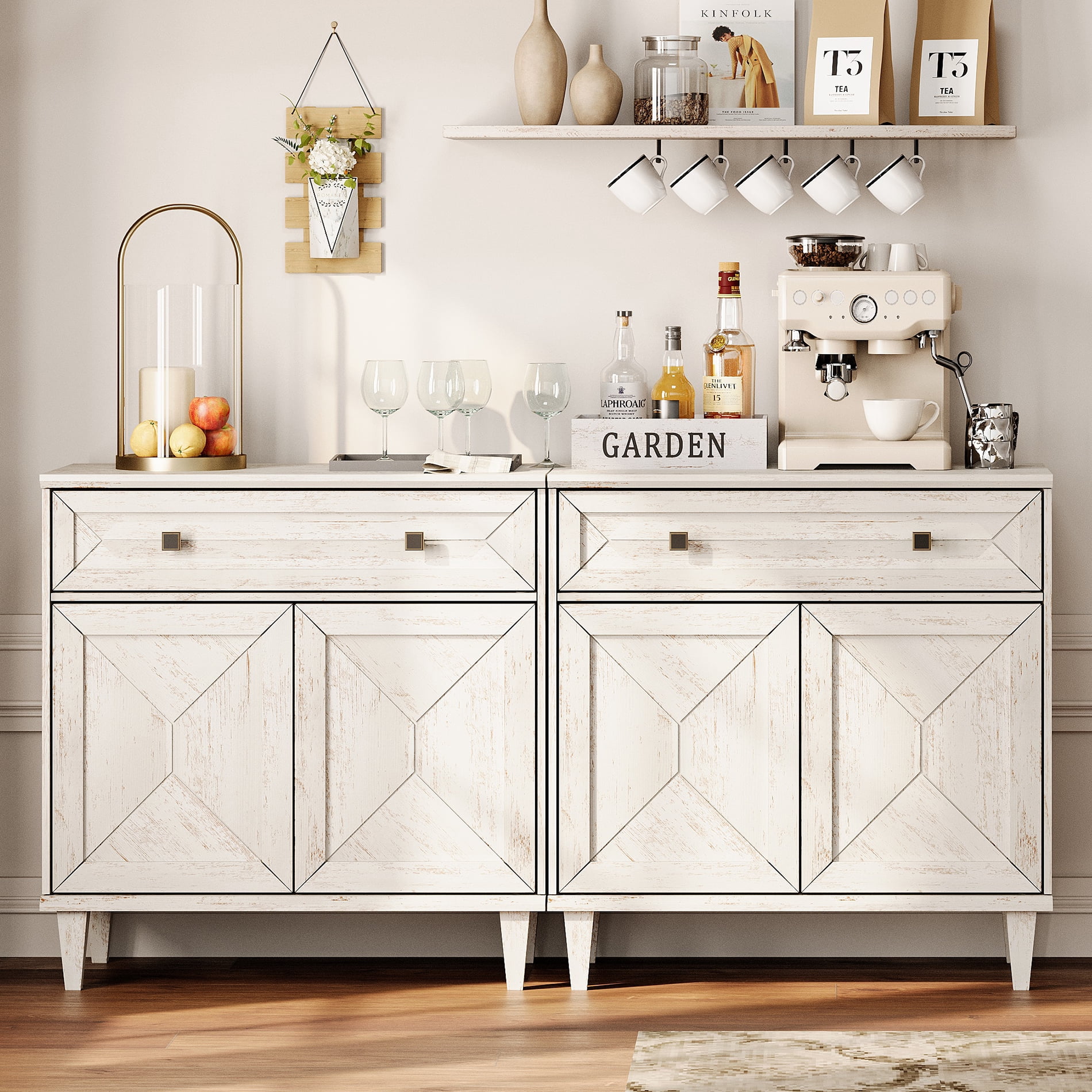 WAMPAT Handmade Patchwork Set of 2 Buffet Cabinets, White