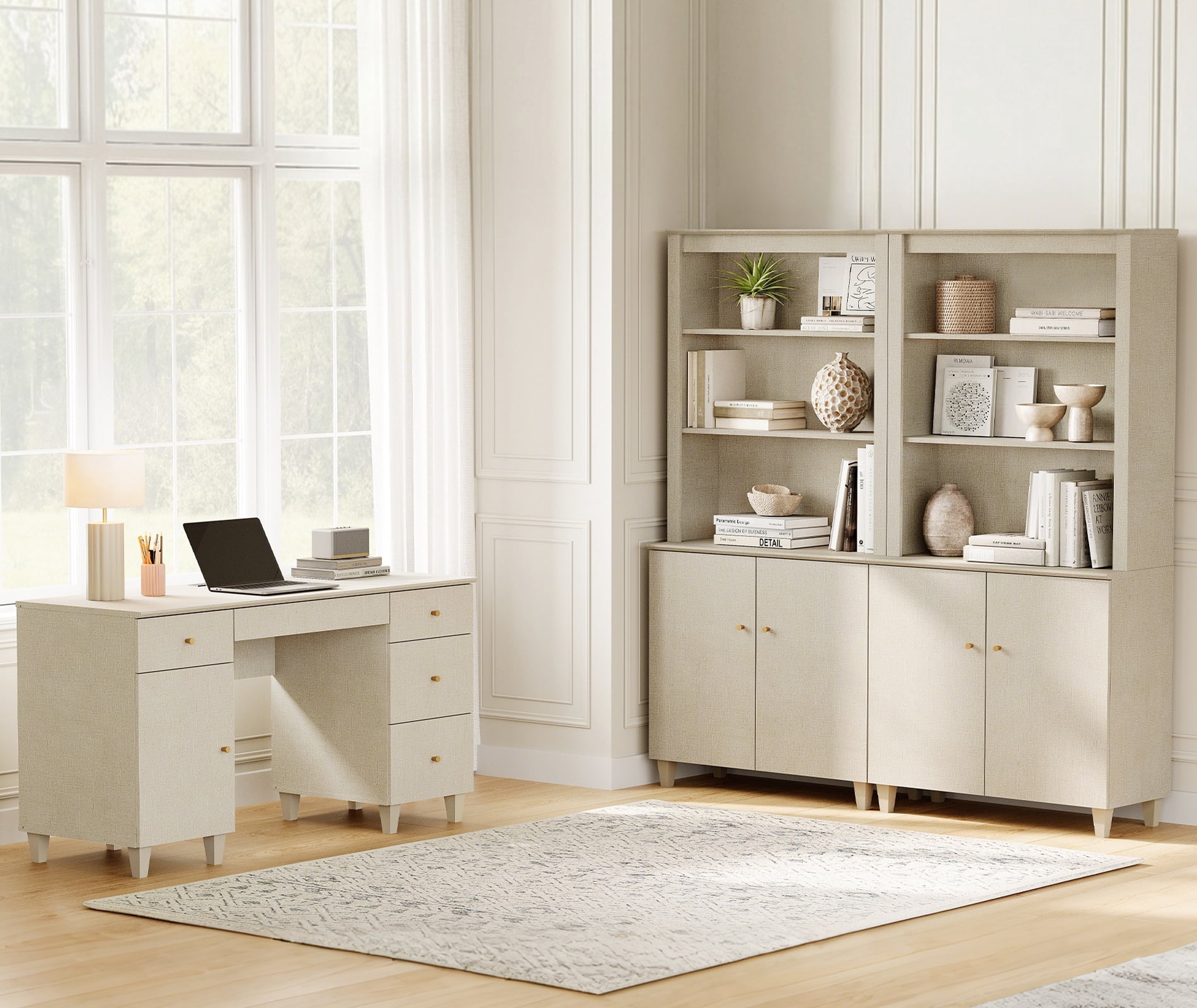 WAMPAT Home Office Furniture Set, 58" Executive Desk with Charging Station and Cabinet, 2-Column 71" Tall Bookcase with Doors and Adjustable Shelves for Living Room,Beige Linen Printed