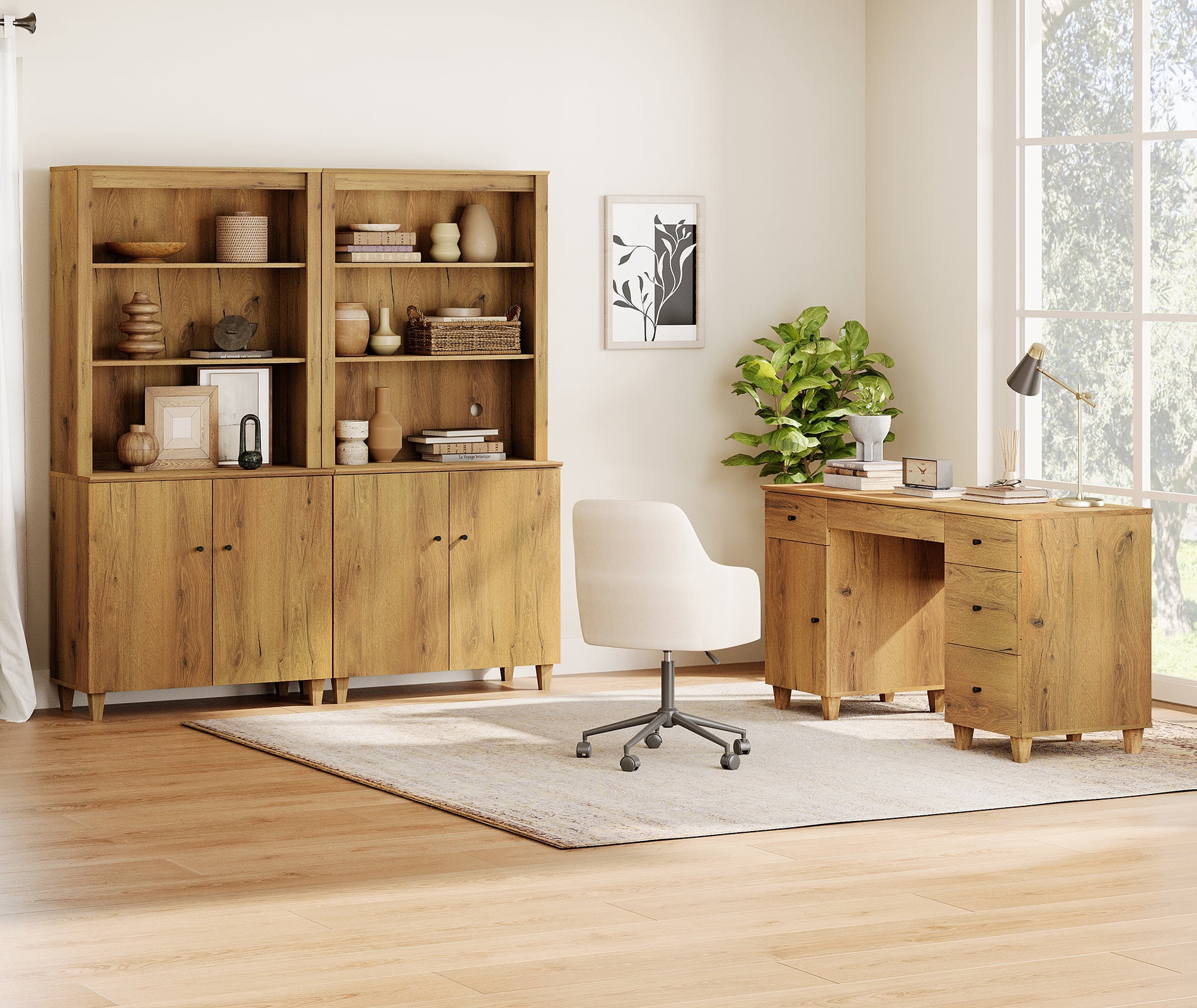 WAMPAT Home Office Furniture Set, 58" Executive Desk with Charging Station and Cabinet, 2-Column 71" Tall Bookcase with Doors and Adjustable Shelves for Living Room,Dark Brown Wood