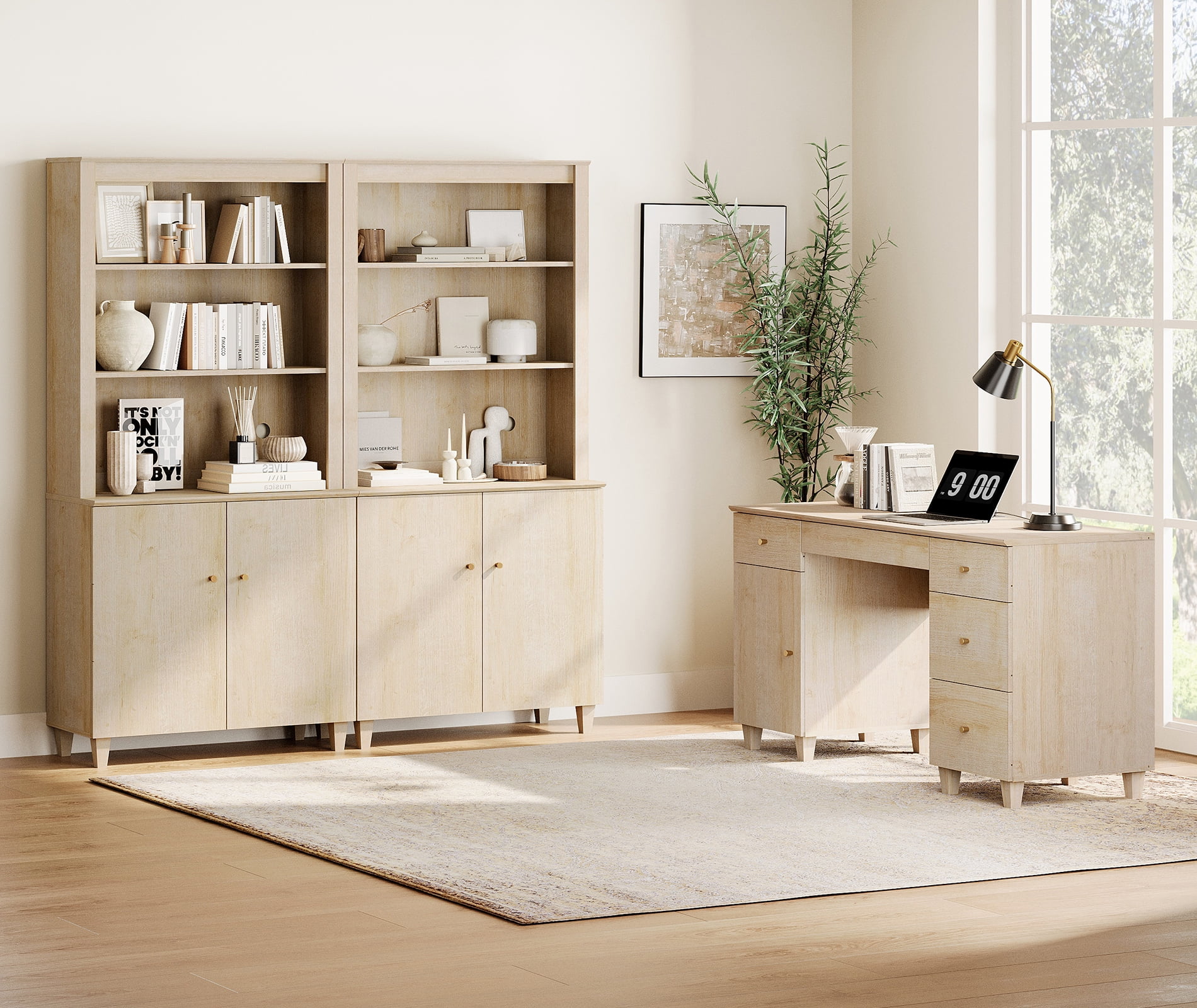 WAMPAT Home Office Furniture Set, 58" Executive Desk with Charging Station and Cabinet, 2-Column 71" Tall Bookcase with Doors and Adjustable Shelves for Living Room,Natural Oak