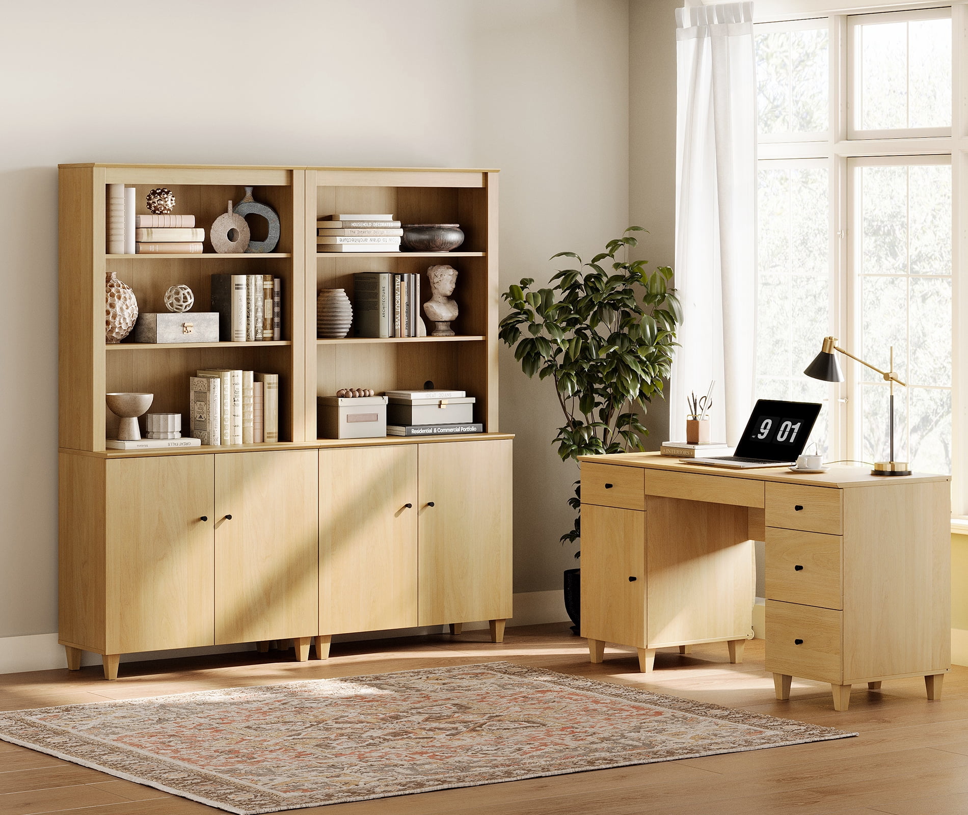 WAMPAT Home Office Furniture Set, 58" Executive Desk with Charging Station and Cabinet, 2-Column 71" Tall Bookcase with Doors and Adjustable Shelves for Living Room,Oak Wood