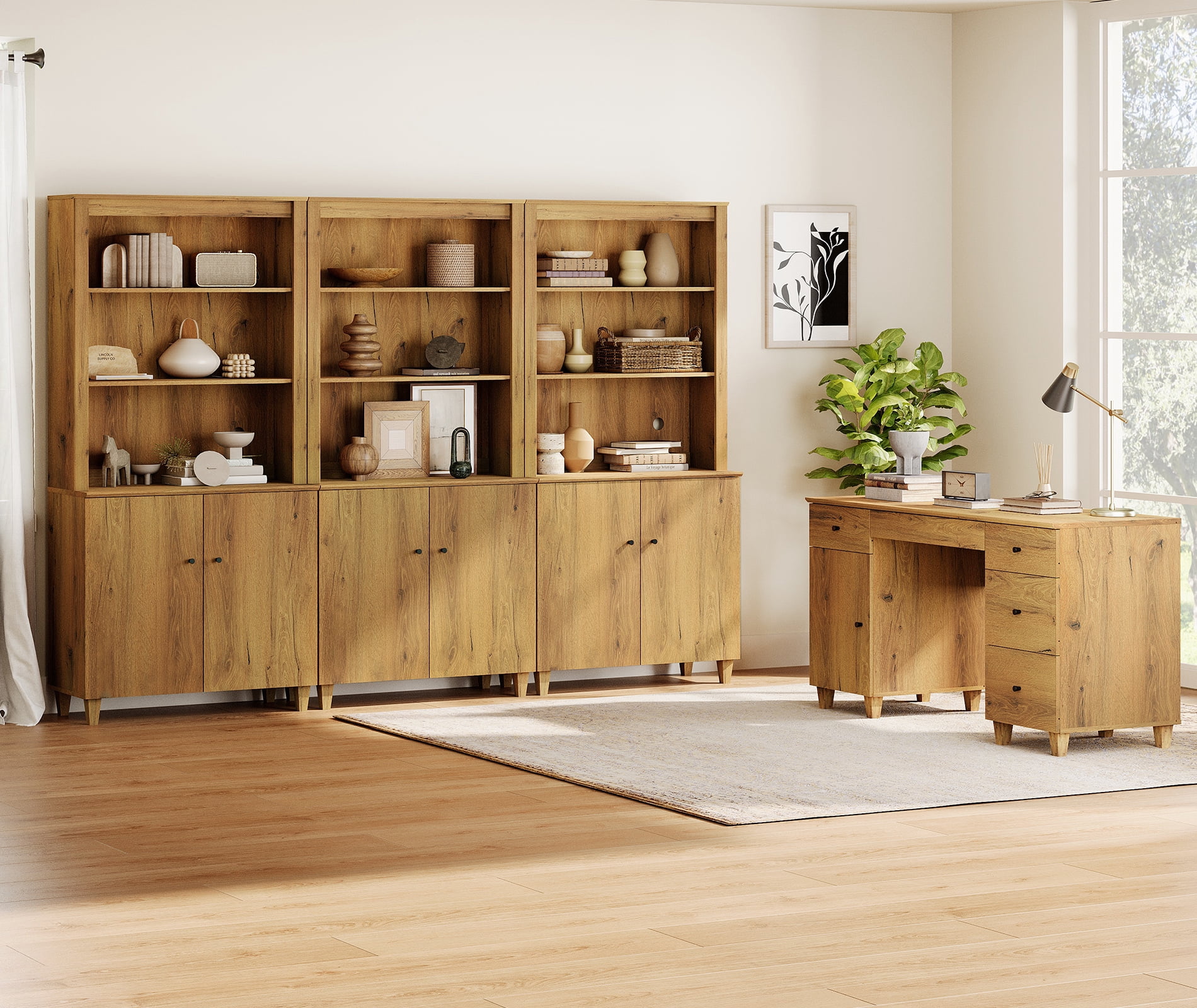 WAMPAT Home Office Furniture Set, 58" Executive Desk with Charging Station and Cabinet, 3-Column 71" Tall Bookcase with Doors and Adjustable Shelves for Living Room,Dark Brown Wood