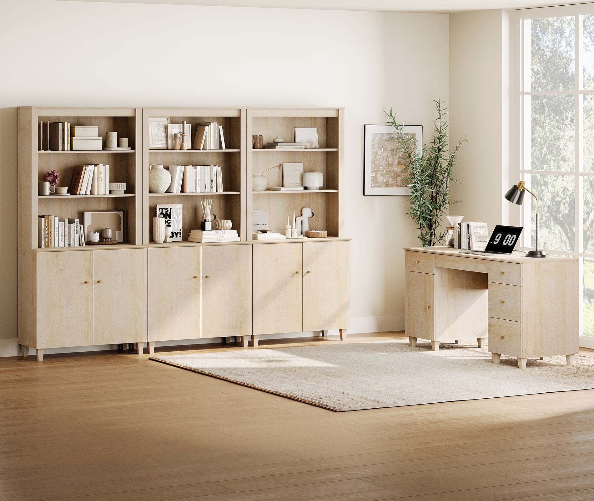 WAMPAT Home Office Furniture Set, 58" Executive Desk with Charging Station and Cabinet, 3-Column 71" Tall Bookcase with Doors and Adjustable Shelves for Living Room,Natural Oak