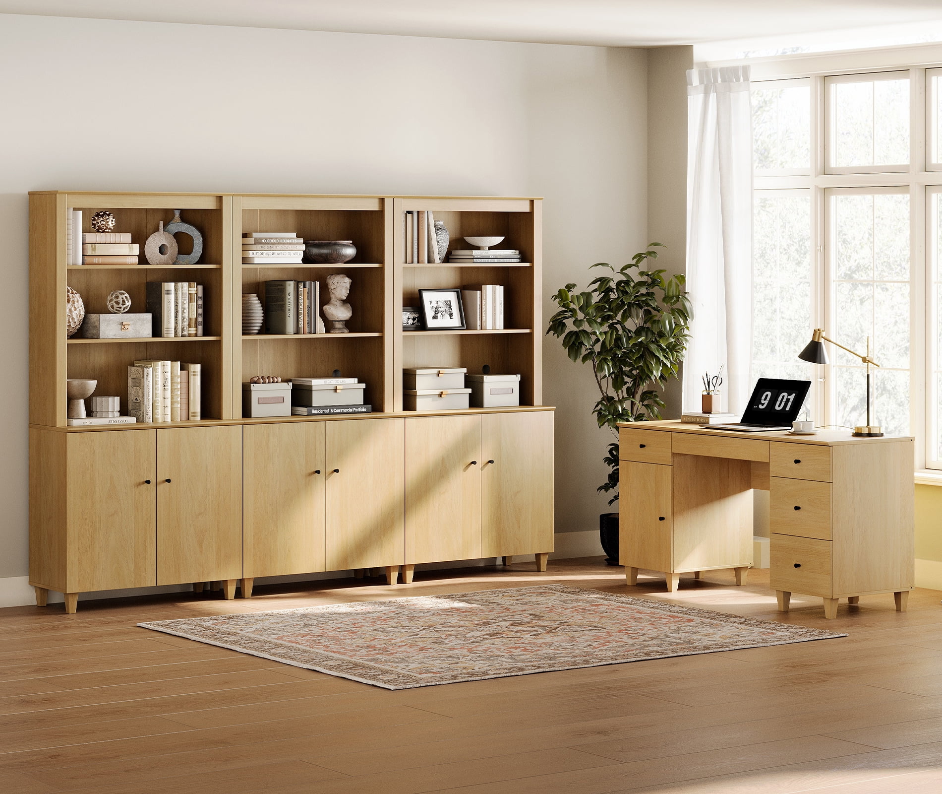 WAMPAT Home Office Furniture Set, 58" Executive Desk with Charging Station and Cabinet, 3-Column 71" Tall Bookcase with Doors and Adjustable Shelves for Living Room,Oak Wood