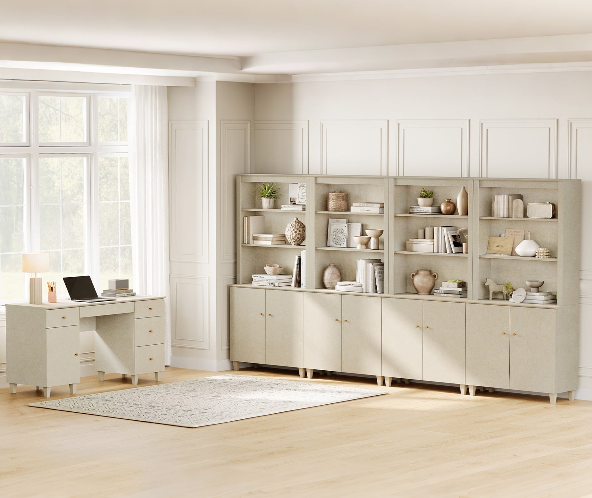 WAMPAT Home Office Furniture Set, 58" Executive Desk with Charging Station and Cabinet, 4-Column 71" Tall Bookcase with Doors and Adjustable Shelves for Living Room,Beige Linen Printed