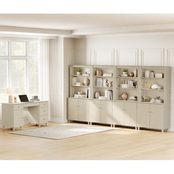 WAMPAT Home Office Furniture Set, 58" Executive Desk with Charging Station and Cabinet, 4-Column 71" Tall Bookcase with Doors and Adjustable Shelves for Living Room,Beige Linen Printed