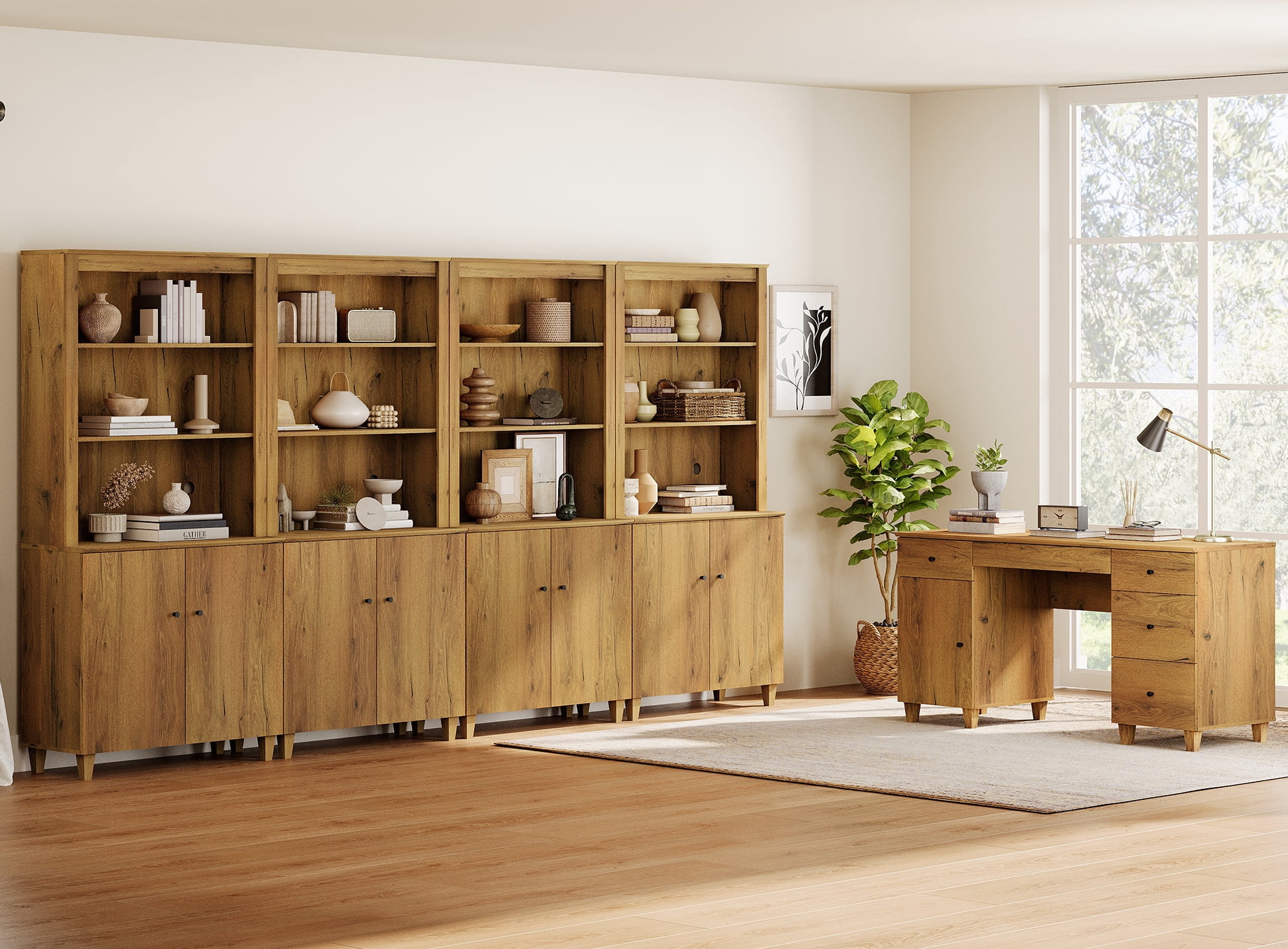 WAMPAT Home Office Furniture Set, 58" Executive Desk with Charging Station and Cabinet, 4-Column 71" Tall Bookcase with Doors and Adjustable Shelves for Living Room,Dark Brown Wood