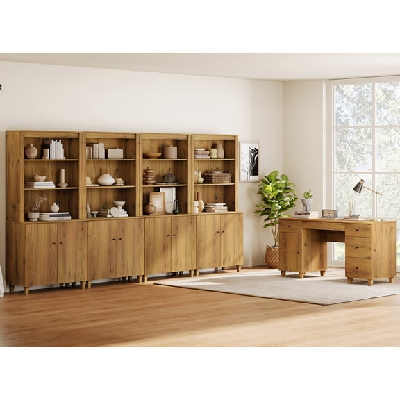 WAMPAT Home Office Furniture Set, 58" Executive Desk with Charging Station and Cabinet, 4-Column 71" Tall Bookcase with Doors and Adjustable Shelves for Living Room,Dark Brown Wood