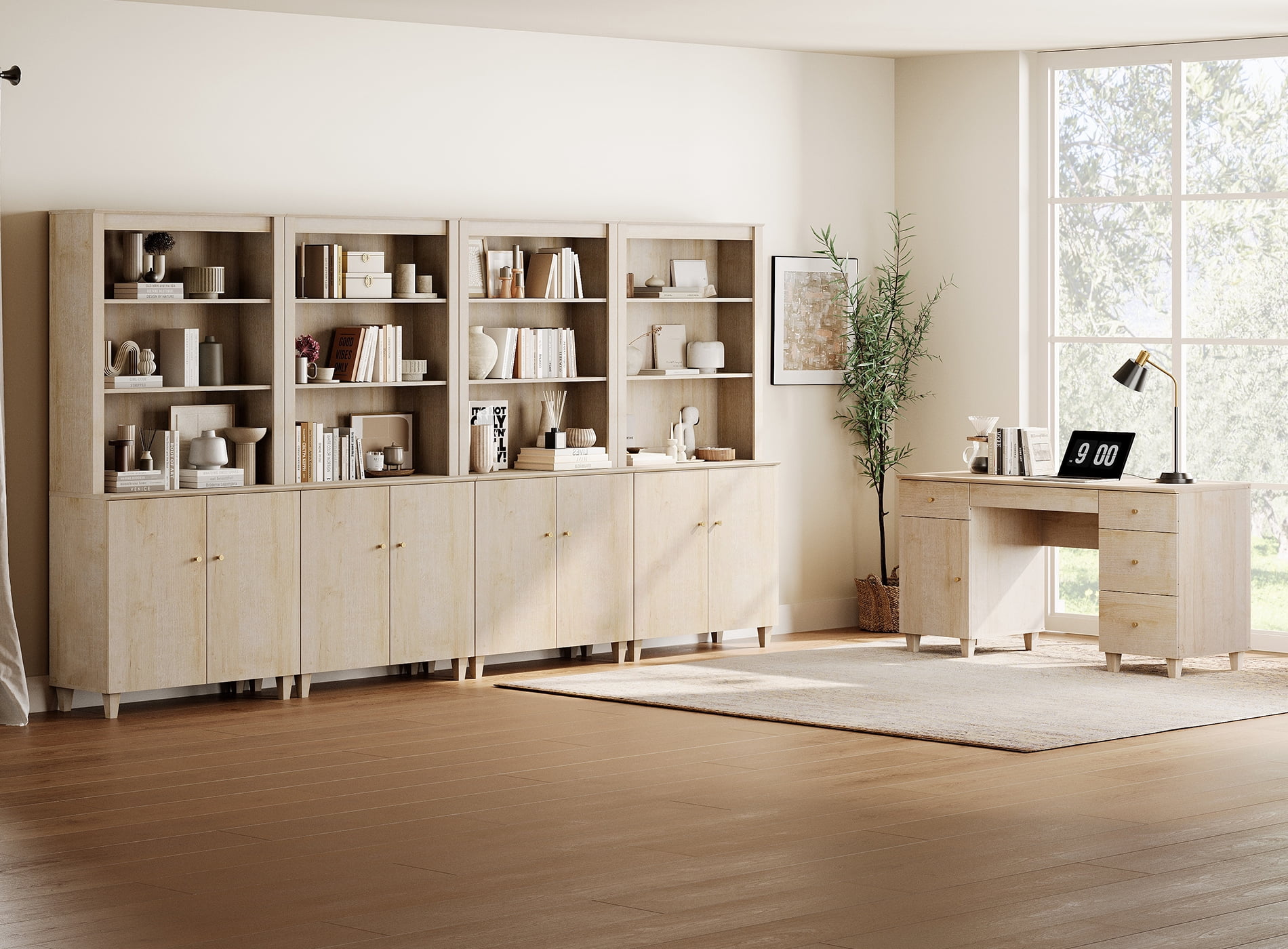 WAMPAT Home Office Furniture Set, 58" Executive Desk with Charging Station and Cabinet, 4-Column 71" Tall Bookcase with Doors and Adjustable Shelves for Living Room,Natural Oak