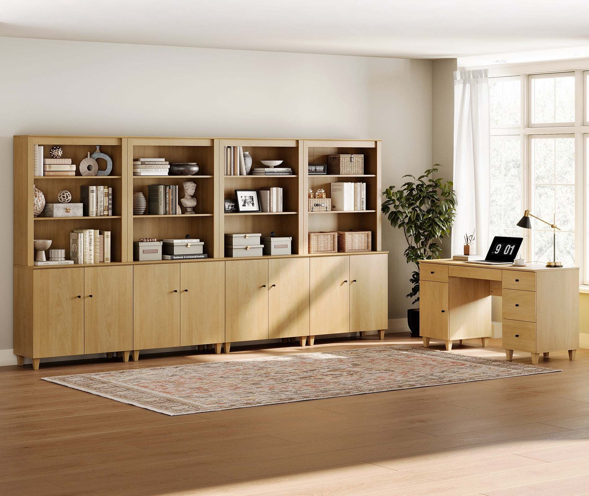 WAMPAT Home Office Furniture Set, 58" Executive Desk with Charging Station and Cabinet, 4-Column 71" Tall Bookcase with Doors and Adjustable Shelves for Living Room,Oak Wood