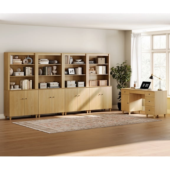 WAMPAT Home Office Furniture Set, 58" Executive Desk with Charging Station and Cabinet, 4-Column 71" Tall Bookcase with Doors and Adjustable Shelves for Living Room,Oak Wood