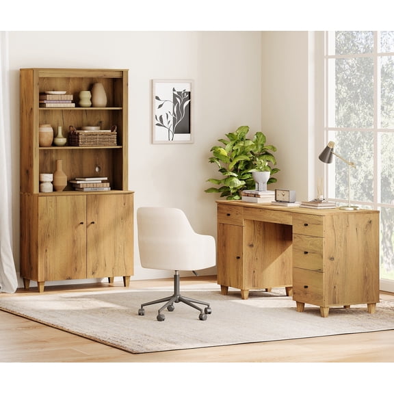 WAMPAT Home Office Furniture Set, 58" Executive Desk with Charging Station and Cabinet, 71" Tall Bookcase with Doors and Adjustable Shelves for Living Room, Dark Brown Wood