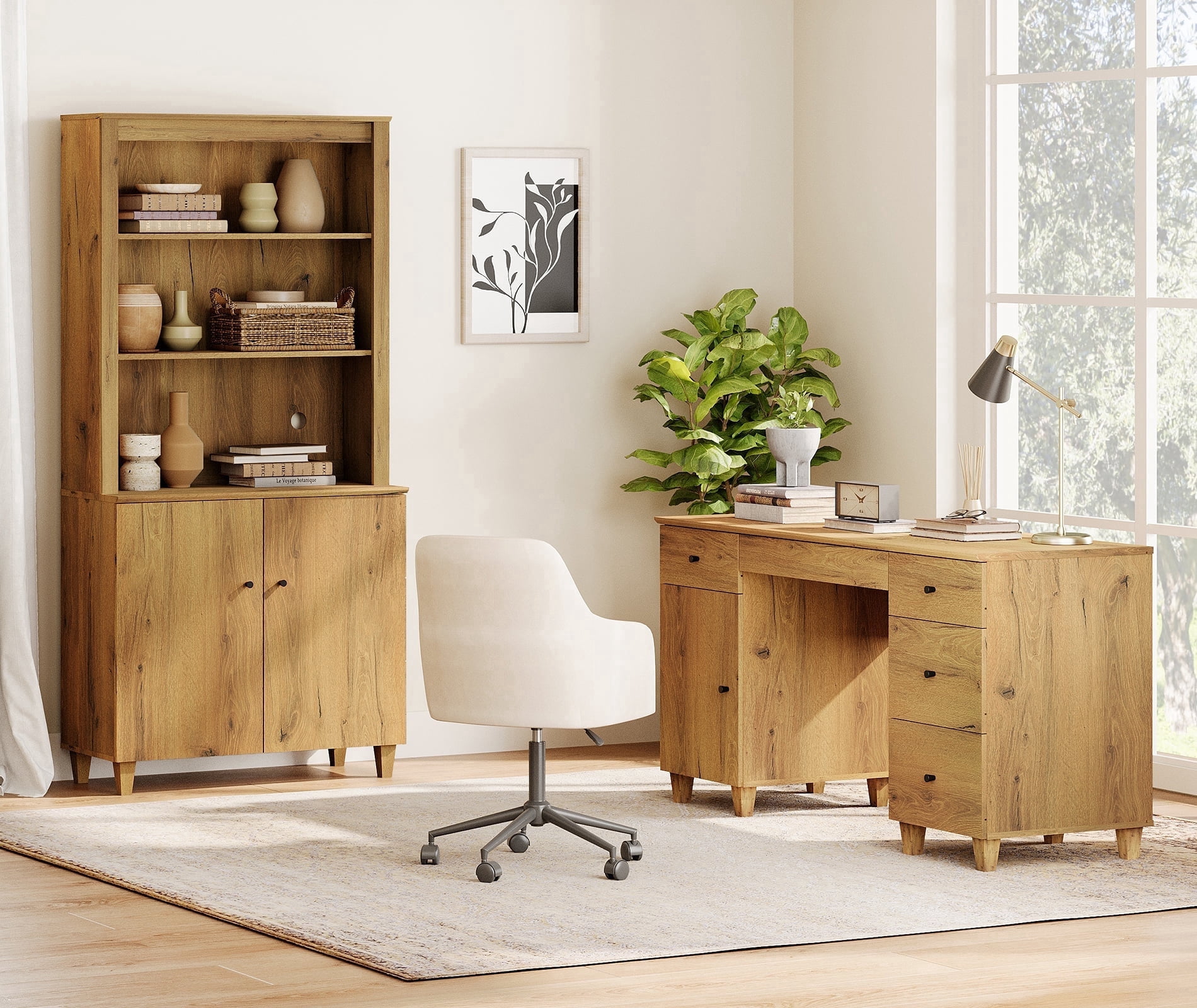 WAMPAT Home Office Furniture Set, 58" Executive Desk with Charging Station and Cabinet, 71" Tall Bookcase with Doors and Adjustable Shelves for Living Room, Dark Brown Wood