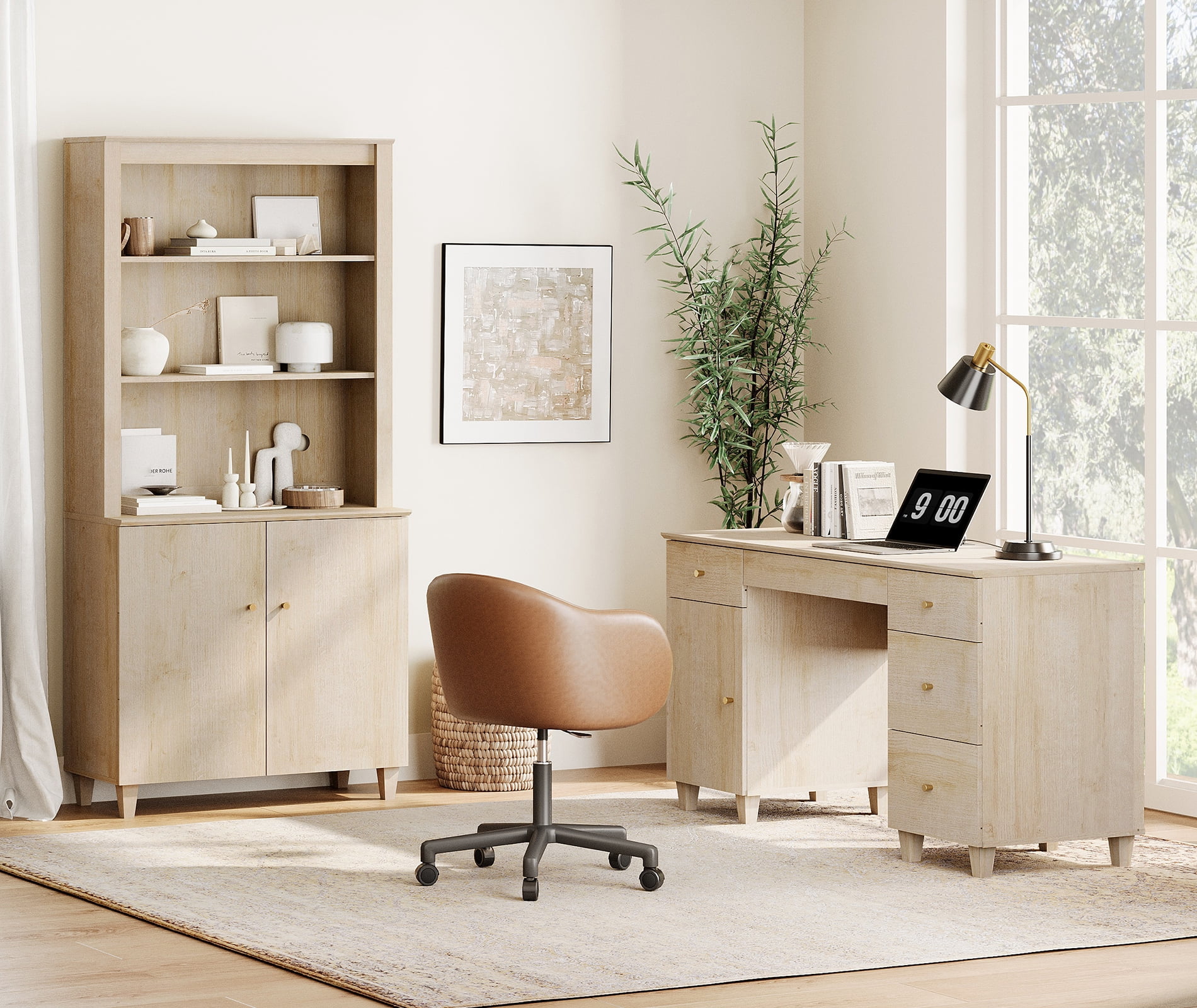 WAMPAT Home Office Furniture Set, 58" Executive Desk with Charging Station and Cabinet, 71" Tall Bookcase with Doors and Adjustable Shelves for Living Room,Natural Oak