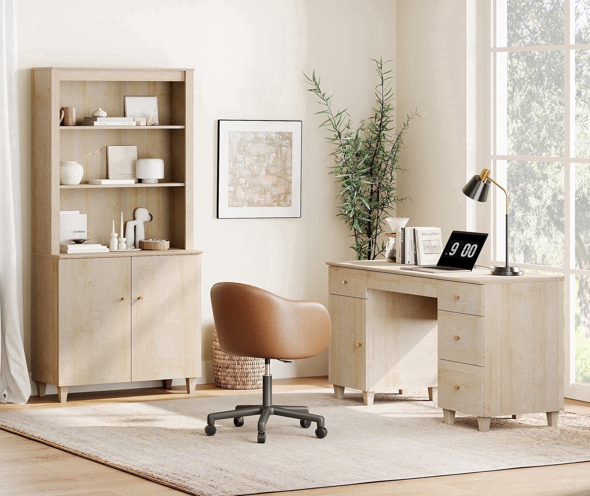 WAMPAT Home Office Furniture Set, 58" Executive Desk with Charging Station and Cabinet, 71" Tall Bookcase with Doors and Adjustable Shelves for Living Room, Natural Oak