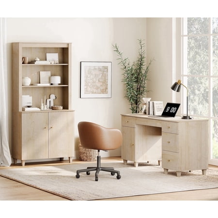 WAMPAT Home Office Furniture Set, 58" Executive Desk with Charging Station and Cabinet, 71" Tall Bookcase with Doors and Adjustable Shelves for Living Room, Natural Oak