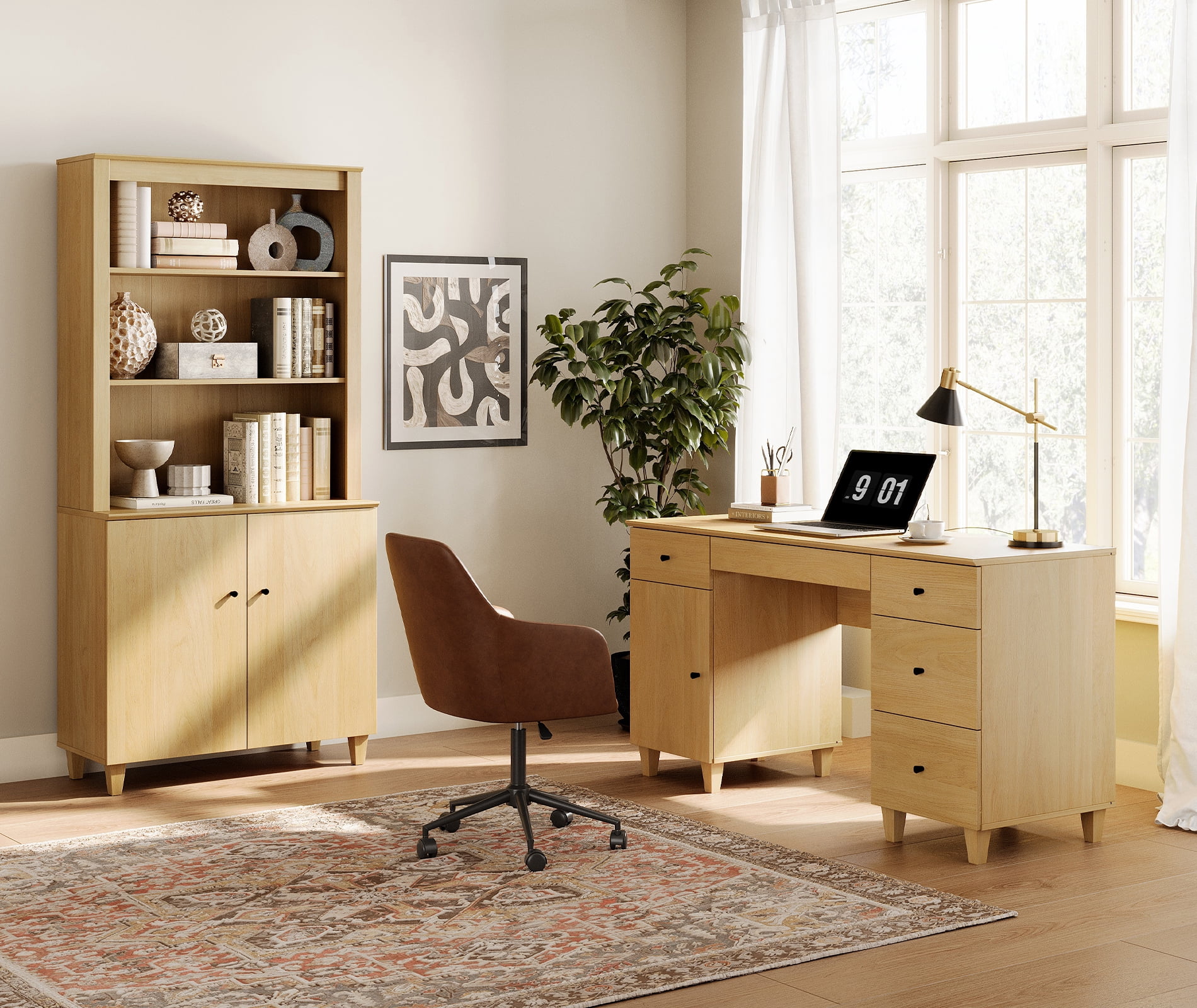 WAMPAT Home Office Furniture Set, 58" Executive Desk with Charging Station and Cabinet, 71" Tall Bookcase with Doors and Adjustable Shelves for Living Room,Oak Wood