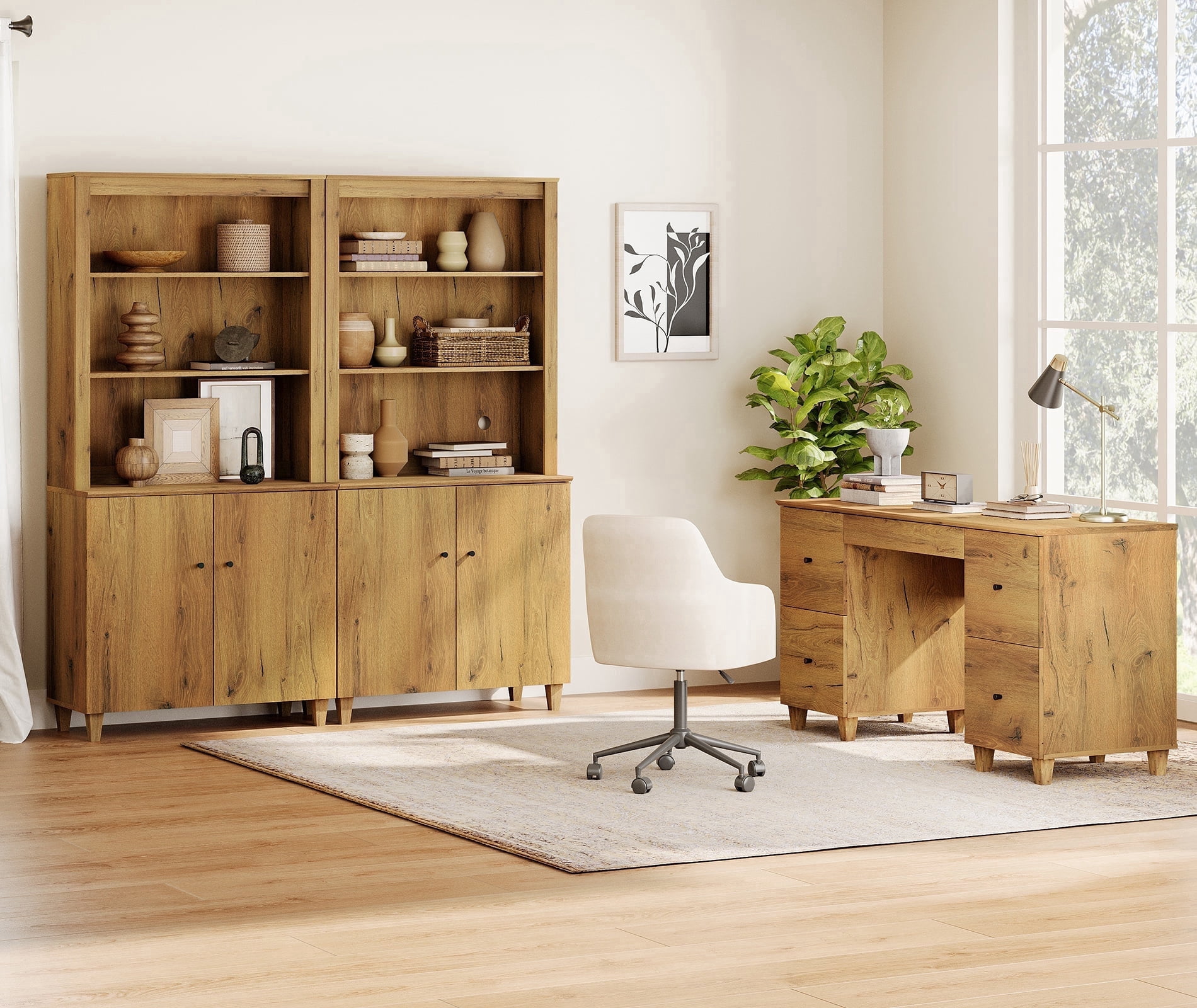 WAMPAT Home Office Furniture Set, 58" Executive Desk with Charging Station and Drawers, 2-Column 71" Tall Bookcase with Doors and Adjustable Shelves for Living Room, Dark Brown Wood