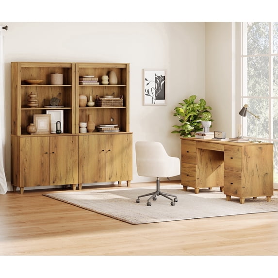 WAMPAT Home Office Furniture Set, 58" Executive Desk with Charging Station and Drawers, 2-Column 71" Tall Bookcase with Doors and Adjustable Shelves for Living Room, Dark Brown Wood