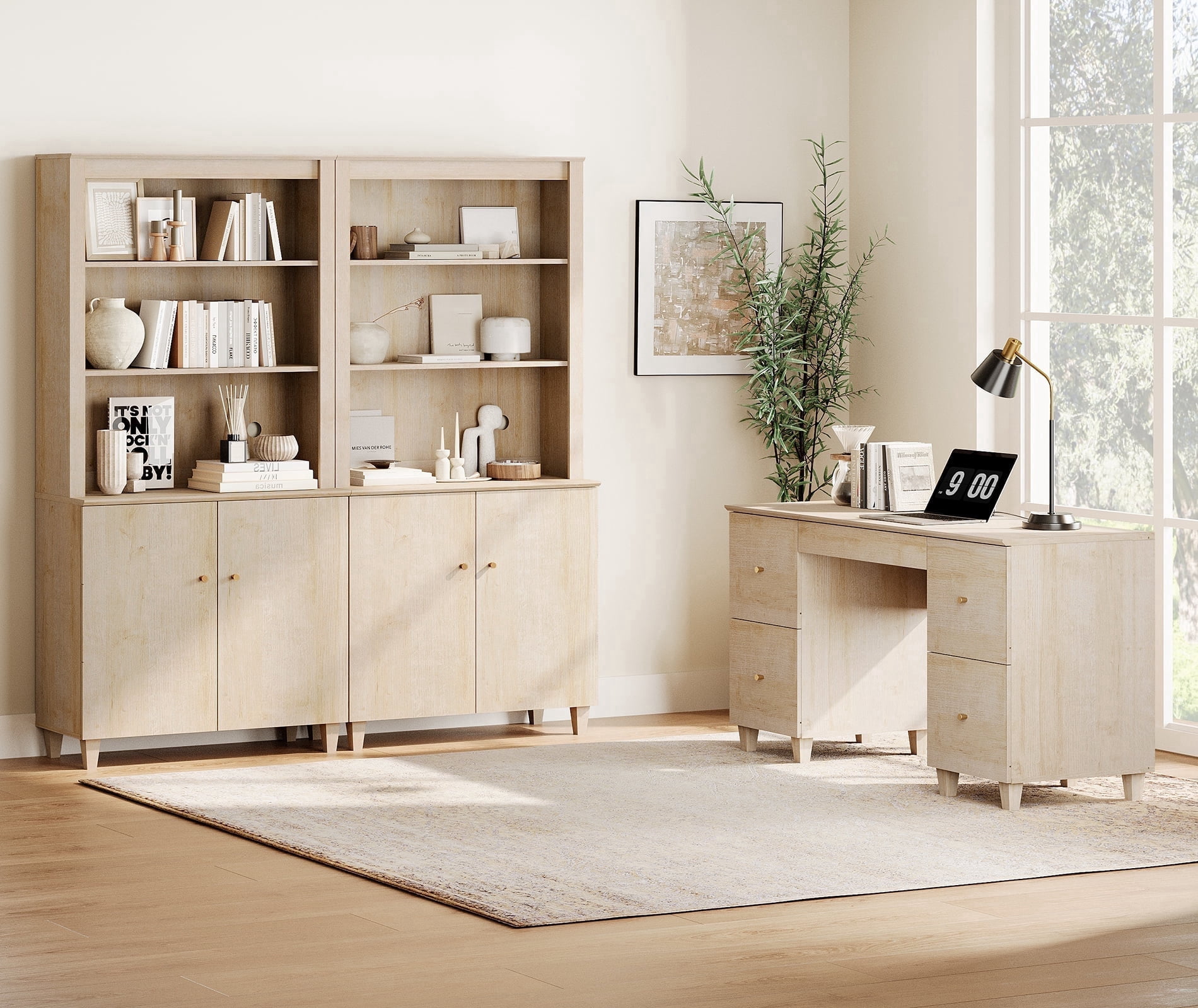 WAMPAT Home Office Furniture Set, 58" Executive Desk with Charging Station and Drawers, 2-Column 71" Tall Bookcase with Doors and Adjustable Shelves for Living Room, Natural Oak