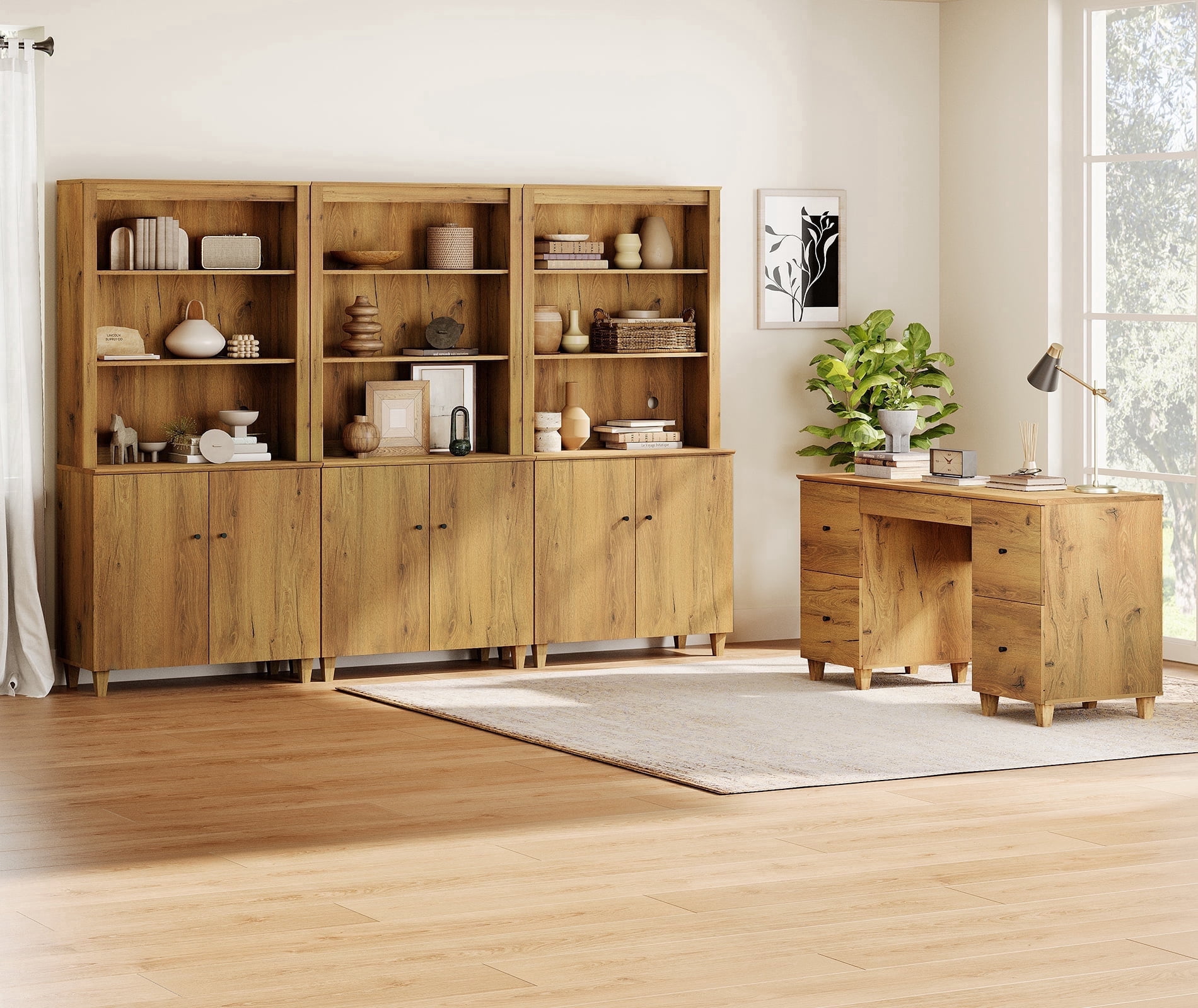 WAMPAT Home Office Furniture Set, 58" Executive Desk with Charging Station and Drawers,3-Column 71" Tall Bookcase with Doors and Adjustable Shelves for Living Room, Dark Brown Wood
