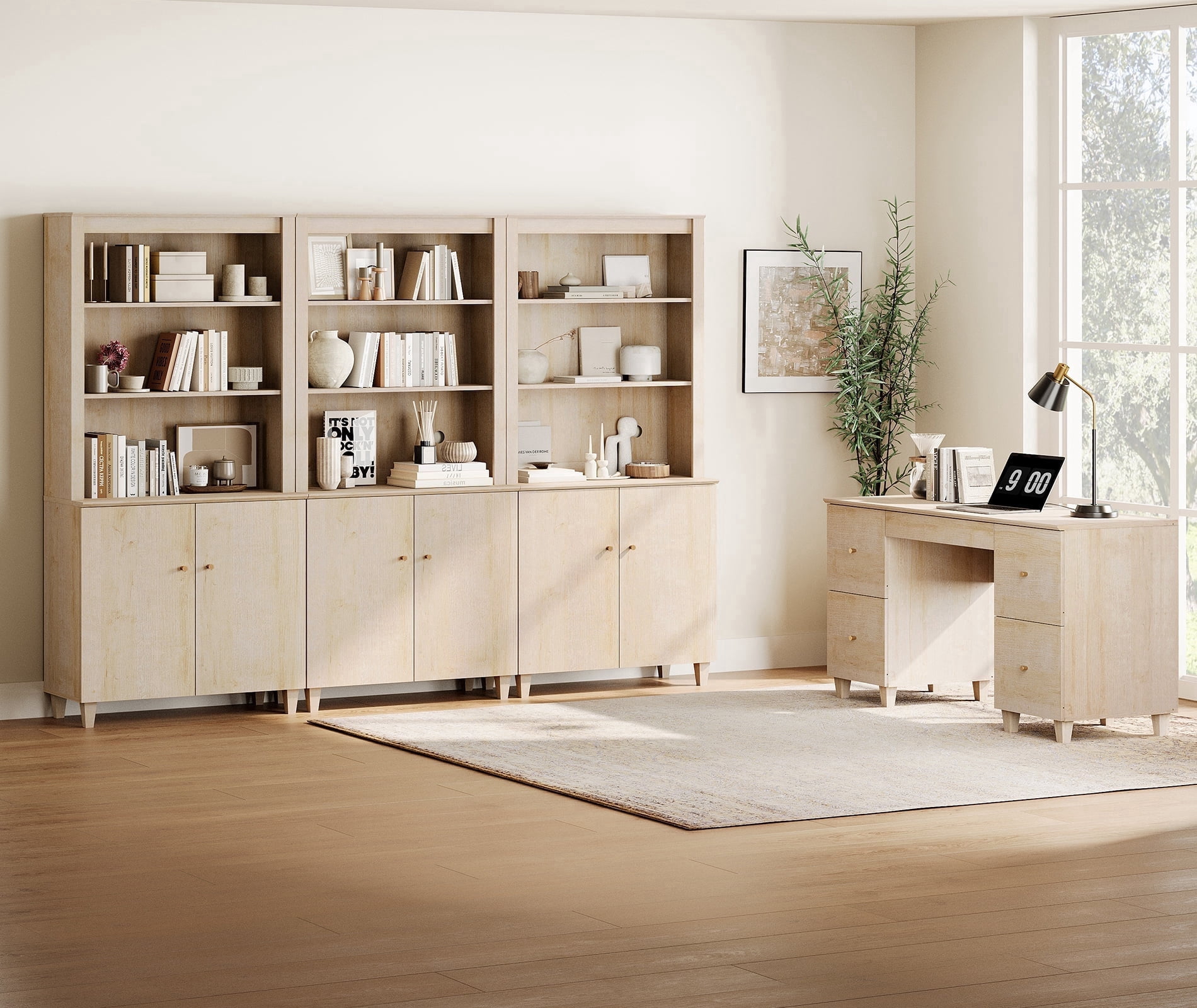WAMPAT Home Office Furniture Set, 58" Executive Desk with Charging Station and Drawers,3-Column 71" Tall Bookcase with Doors and Adjustable Shelves for Living Room, Natural Oak