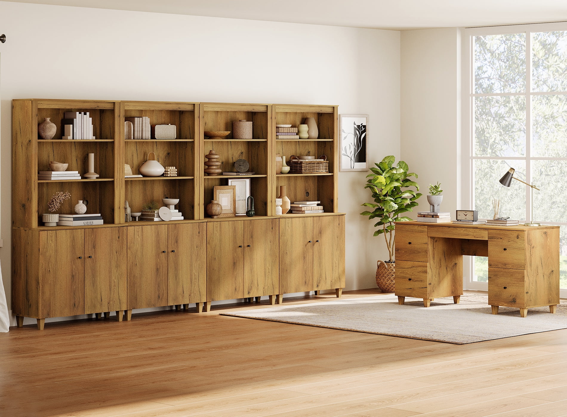 WAMPAT Home Office Furniture Set, 58" Executive Desk with Charging Station and Drawers,4-Column 71" Tall Bookcase with Doors and Adjustable Shelves for Living Room,Dark Brown Wood