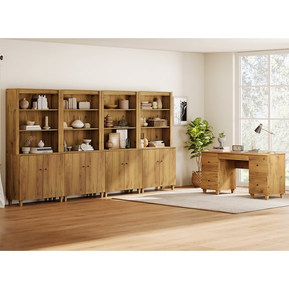 WAMPAT Home Office Furniture Set, 58" Executive Desk with Charging Station and Drawers,4-Column 71" Tall Bookcase with Doors and Adjustable Shelves for Living Room,Dark Brown Wood