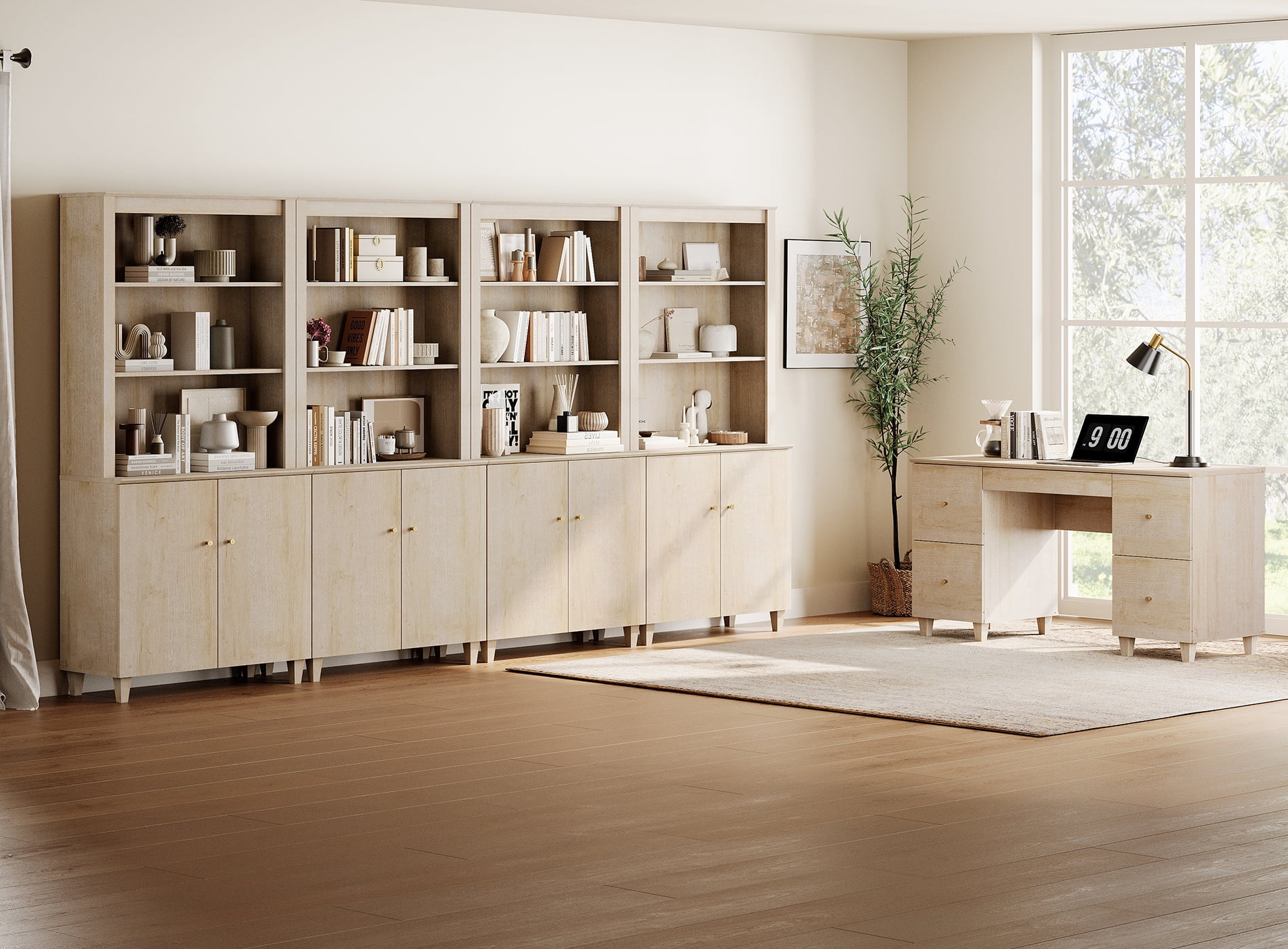 WAMPAT Home Office Furniture Set, 58" Executive Desk with Charging Station and Drawers,4-Column 71" Tall Bookcase with Doors and Adjustable Shelves for Living Room,Natural Oak