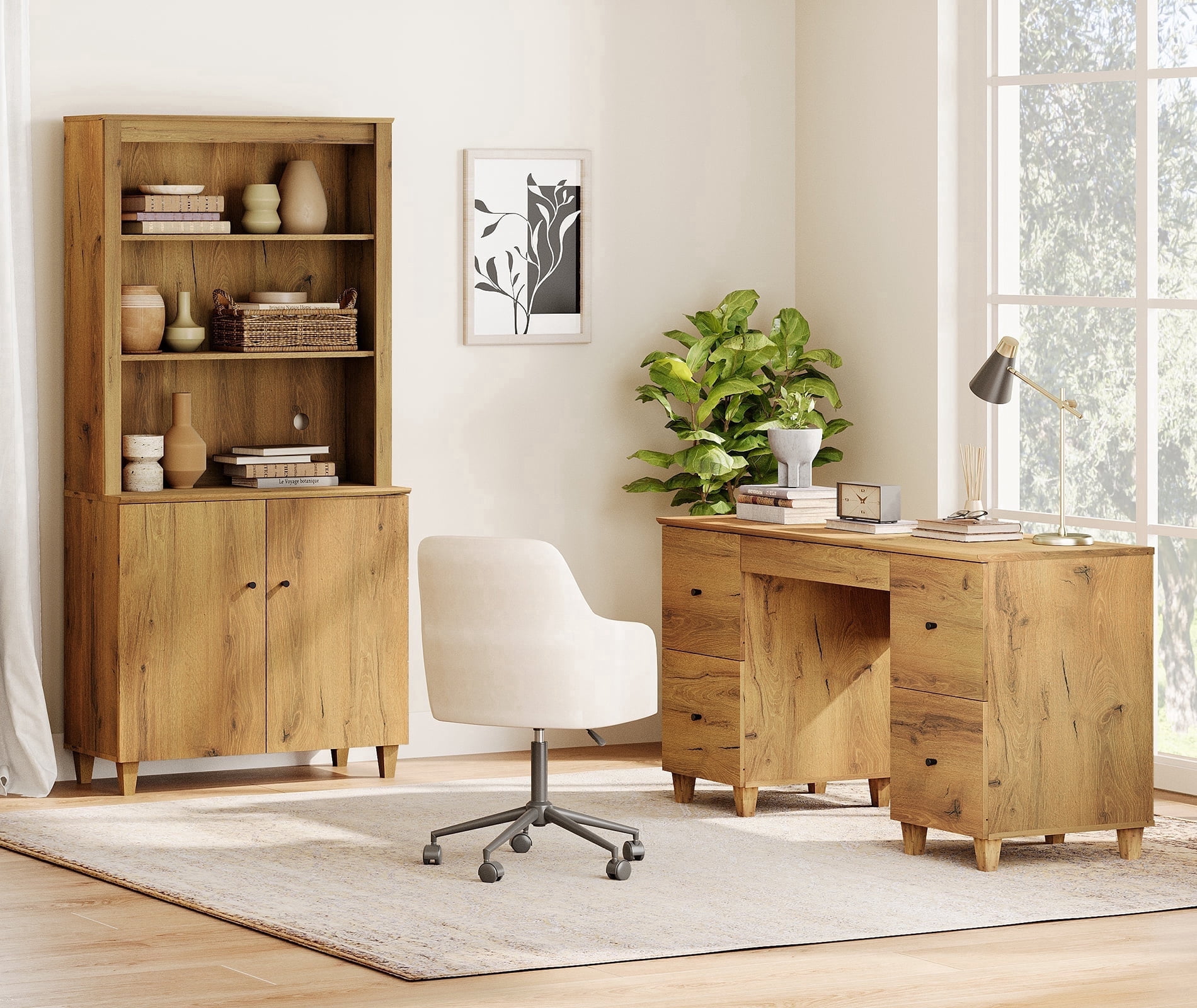 WAMPAT Home Office Furniture Set, 58" Executive Desk with Charging Station and Drawers, 71" Tall Bookcase with Doors and Adjustable Shelves for Living Room, Dark Brown Wood