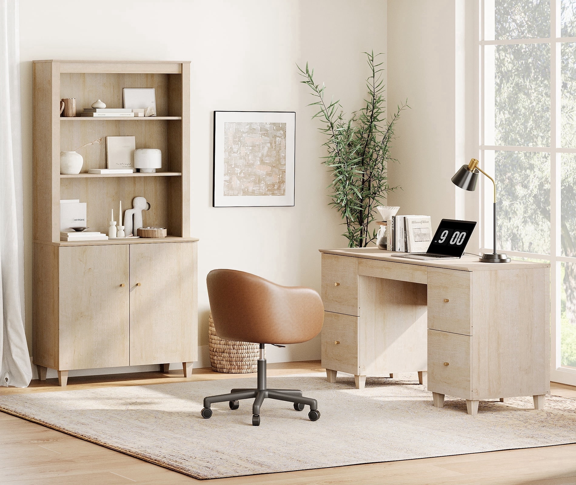 WAMPAT Home Office Furniture Set, 58" Executive Desk with Charging Station and Drawers, 71" Tall Bookcase with Doors and Adjustable Shelves for Living Room, Natural Oak