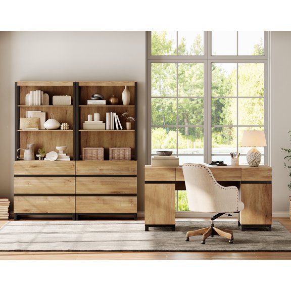 WAMPAT Home Office Furniture Set: 59" Executive Desk with Charging Station and Storage Cabinet, 72" Tall Bookcase with 6 Drawers, Modern Computer Desk and Library Shelf for Work Study, Oak