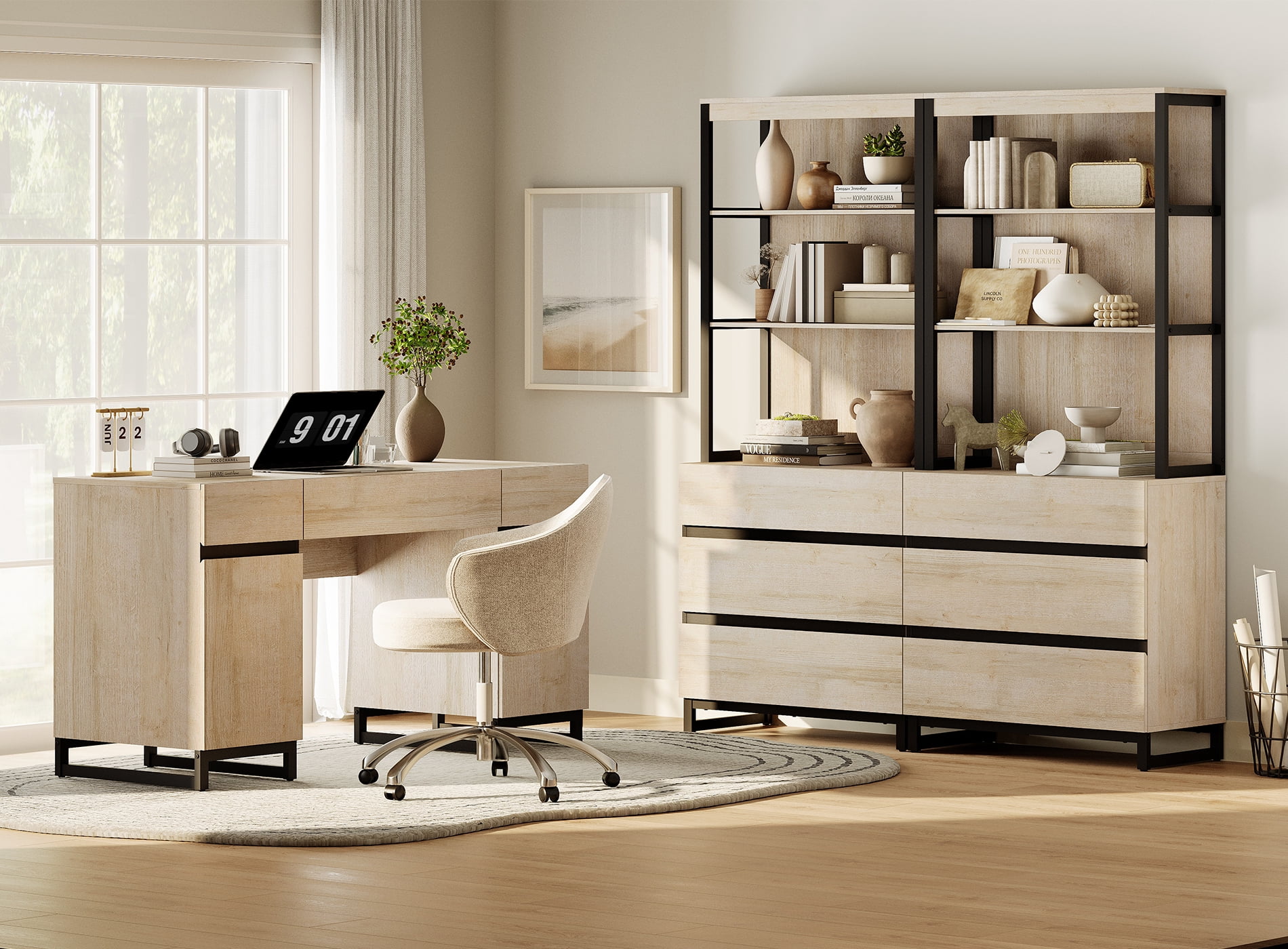 WAMPAT Home Office Furniture Set: 59" Executive Desk with Charging Station and Storage Cabinet, 72" Tall Bookcase with 6 Drawers, Modern Computer Desk and Library Shelf for Work Study, Beige
