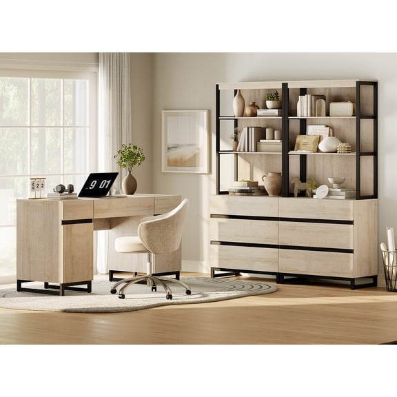 WAMPAT Home Office Furniture Set: 59" Executive Desk with Charging Station and Storage Cabinet, 72" Tall Bookcase with 6 Drawers, Modern Computer Desk and Library Shelf for Work Study, Beige