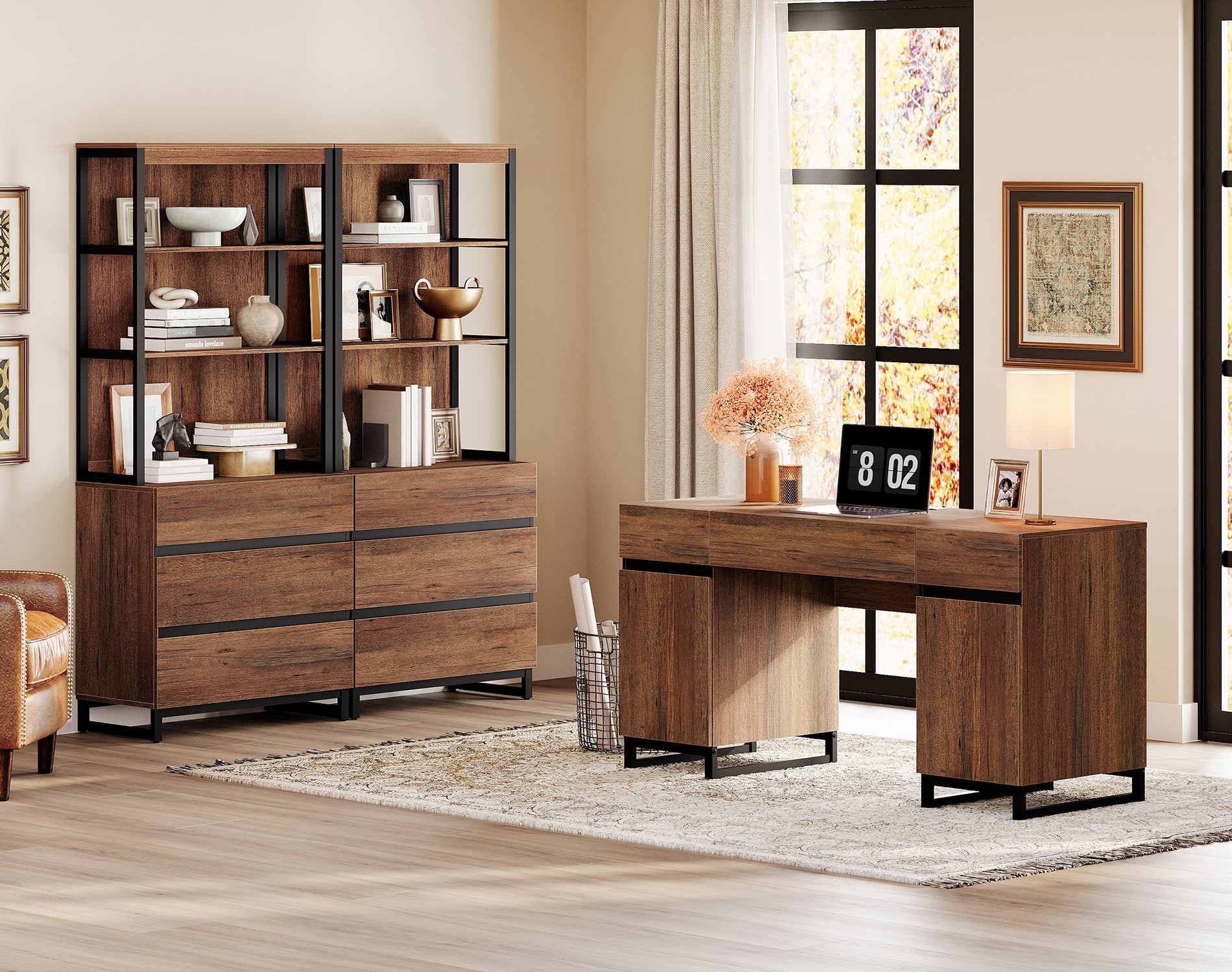 WAMPAT Home Office Furniture Set: 59" Executive Desk with Charging Station and Storage Cabinet, 72" Tall Bookcase with 6 Drawers, Modern Computer Desk and Library Shelf for Work Study, Brown