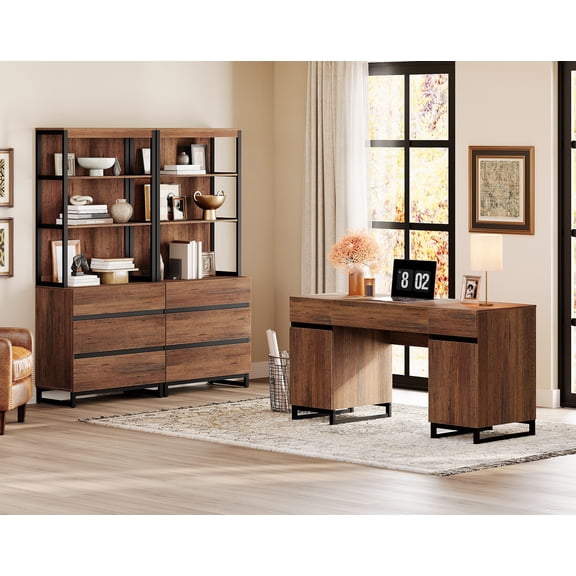 WAMPAT Home Office Furniture Set: 59" Executive Desk with Charging Station and Storage Cabinet, 72" Tall Bookcase with 6 Drawers, Modern Computer Desk and Library Shelf for Work Study, Brown