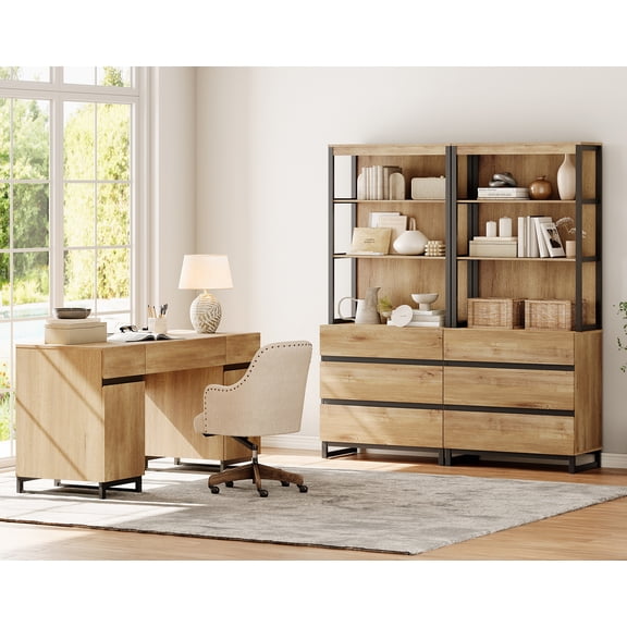 WAMPAT Home Office Furniture Set: 59" Executive Desk with Charging Station and Storage Cabinet, 72" Tall Bookcase with 6 Drawers, Modern Computer Desk and Library Shelf for Work Study, Oak