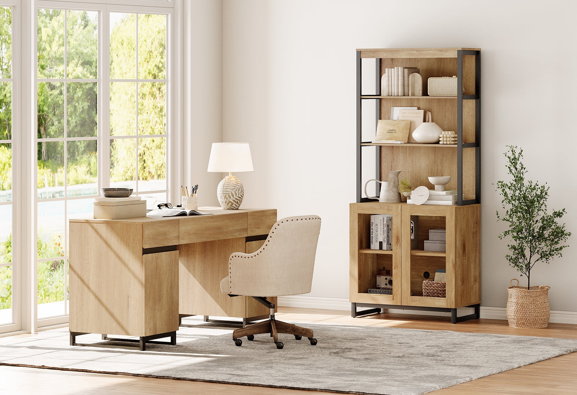 WAMPAT Home Office Furniture Set: 59" Executive Desk with Charging Station and Storage Cabinet, 72" Tall Bookcase, Modern Computer Desk and Library Shelf for Work Study, Oak