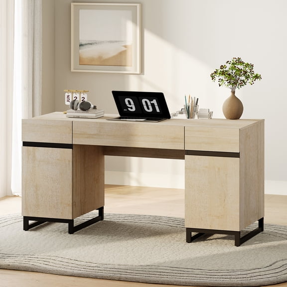 WAMPAT Home Office Furniture Set: 59" Executive Desk with Charging Station and Storage Cabinet, Three 72" Tall Bookcases, Modern Computer Desk and Library Shelf for Work Study, Beige