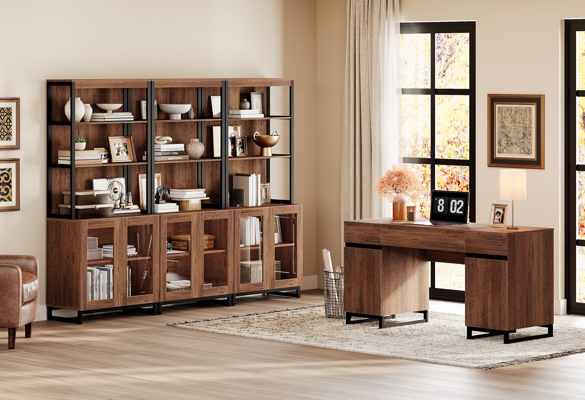 WAMPAT Home Office Furniture Set: 59" Executive Desk with Charging Station and Storage Cabinet, Three 72" Tall Bookcases, Modern Computer Desk and Library Shelf for Work Study, Brown