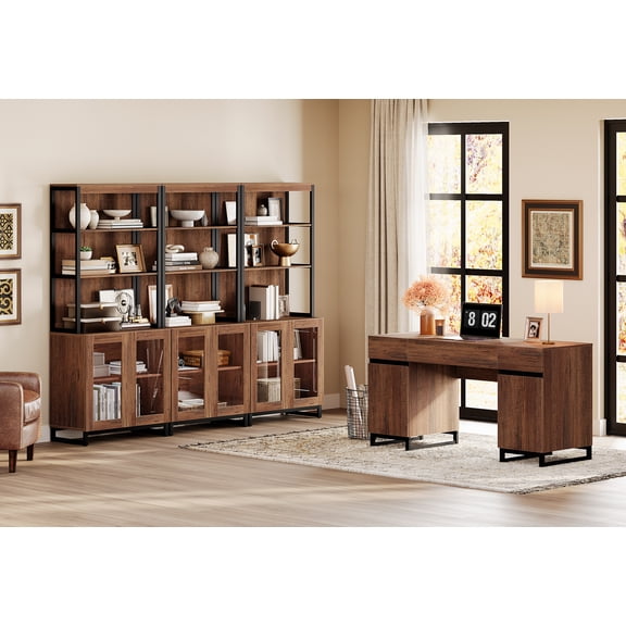 WAMPAT Home Office Furniture Set: 59" Executive Desk with Charging Station and Storage Cabinet, Three 72" Tall Bookcases, Modern Computer Desk and Library Shelf for Work Study, Brown