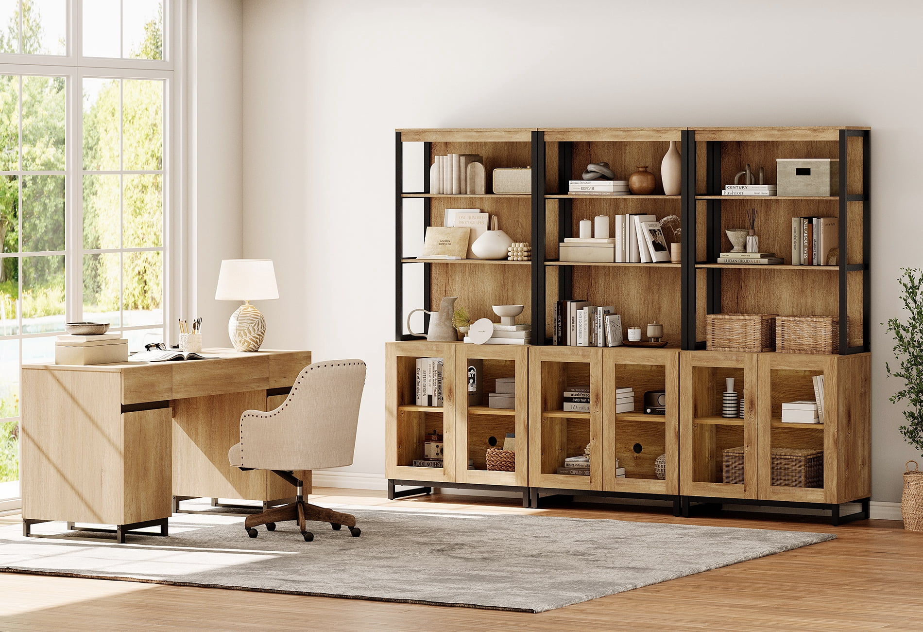 WAMPAT Home Office Furniture Set: 59" Executive Desk with Charging Station and Storage Cabinet, Three 72" Tall Bookcases, Modern Computer Desk and Library Shelf for Work Study, Oak