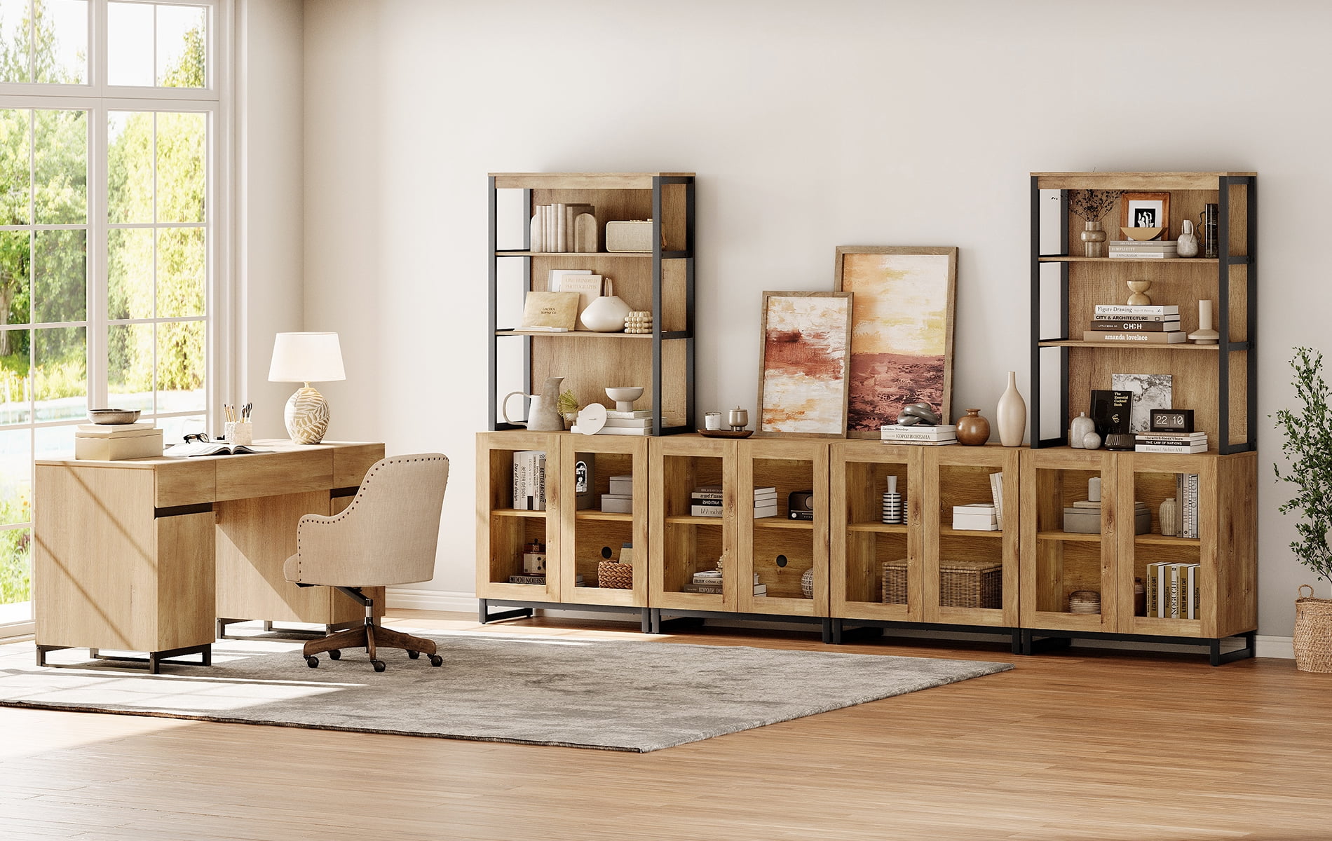 WAMPAT Home Office Furniture Set: 59" Executive Desk with Charging Station and Storage Cabinet, Two 72" Tall Bookcase With 3 Tiers And 4 Cabinets, Modern Computer Desk and Shelf for Work Study, Oak