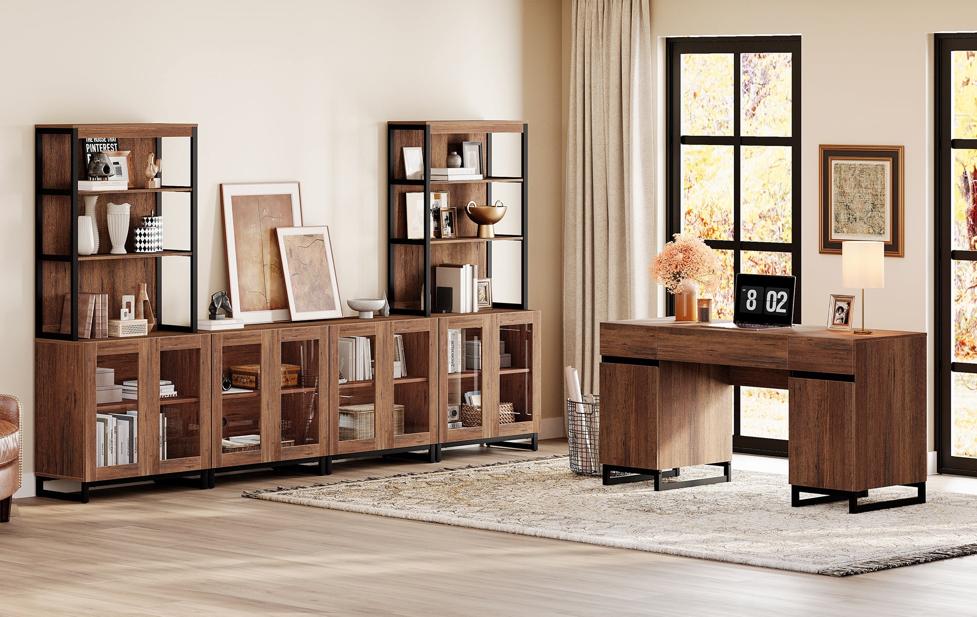 WAMPAT Home Office Furniture Set: 59" Executive Desk with Charging Station and Storage Cabinet, Two 72" Tall Bookcase With 3 Tiers And 4 Cabinets, Modern Computer Desk and Shelf for Work Study, Brown