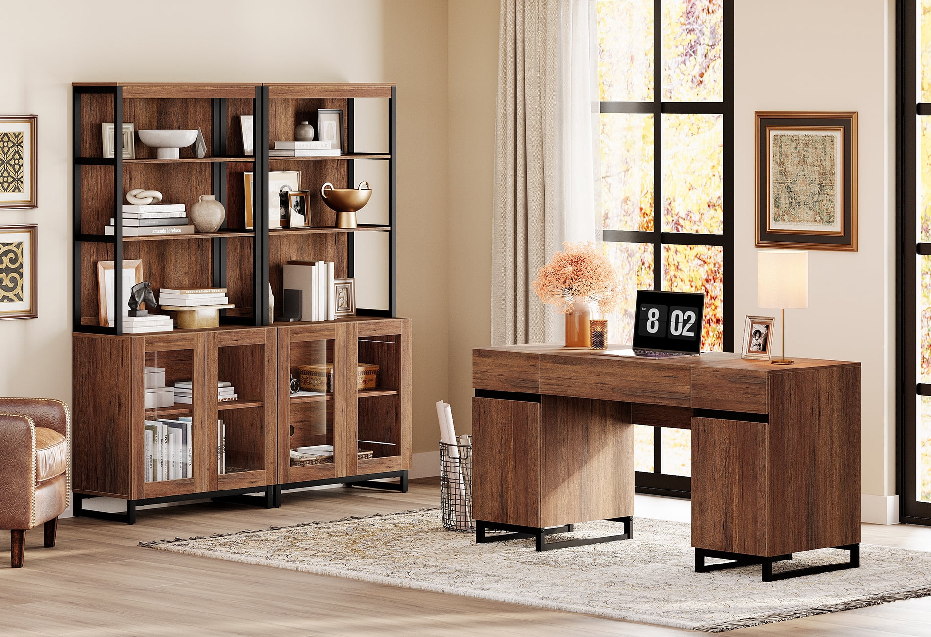 WAMPAT Home Office Furniture Set: 59" Executive Desk with Charging Station and Storage Cabinet, Two 72" Tall Bookcase, Modern Computer Desk and Library Shelf for Work Study, Brown
